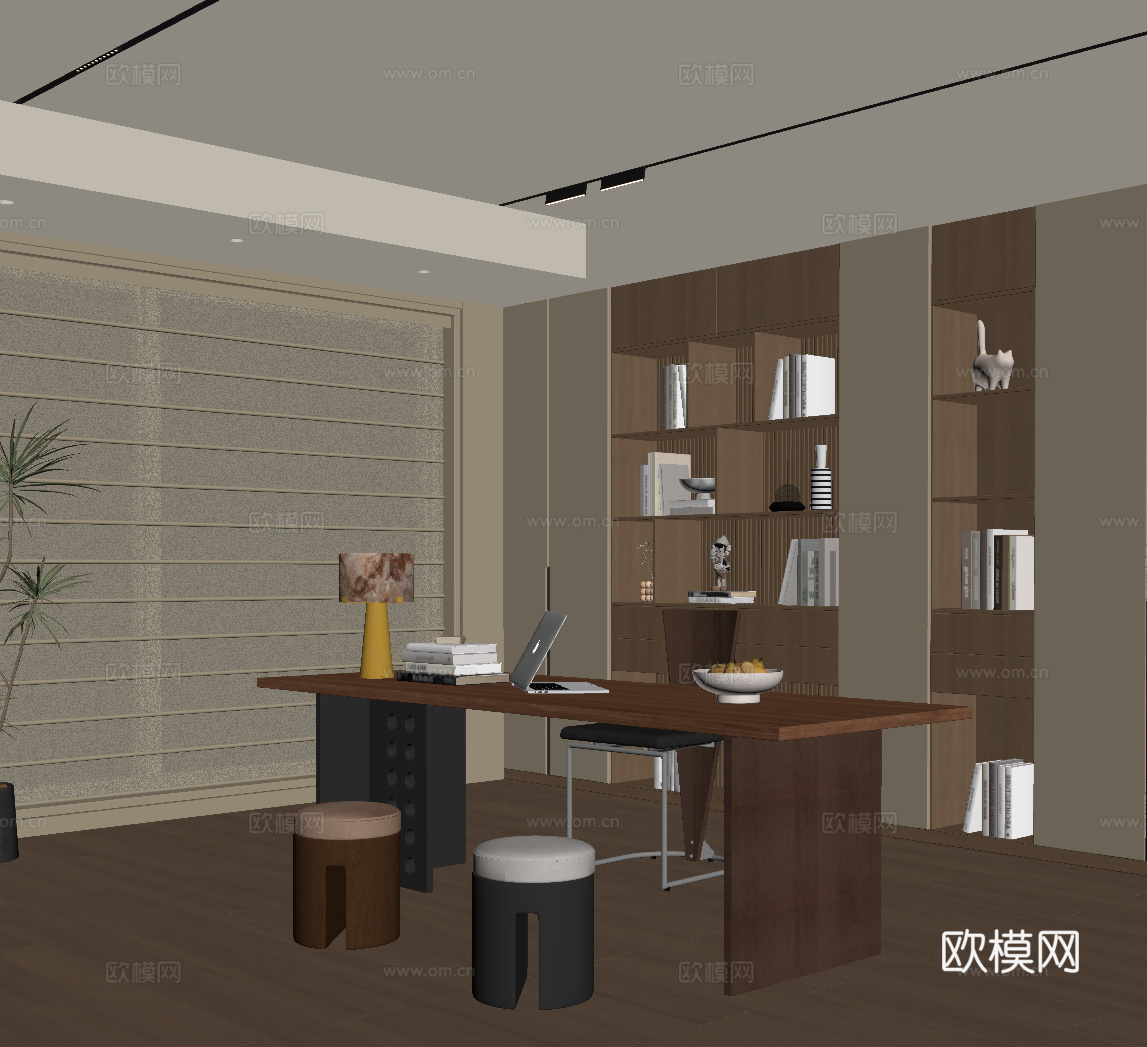 中古风书桌 书柜su模型