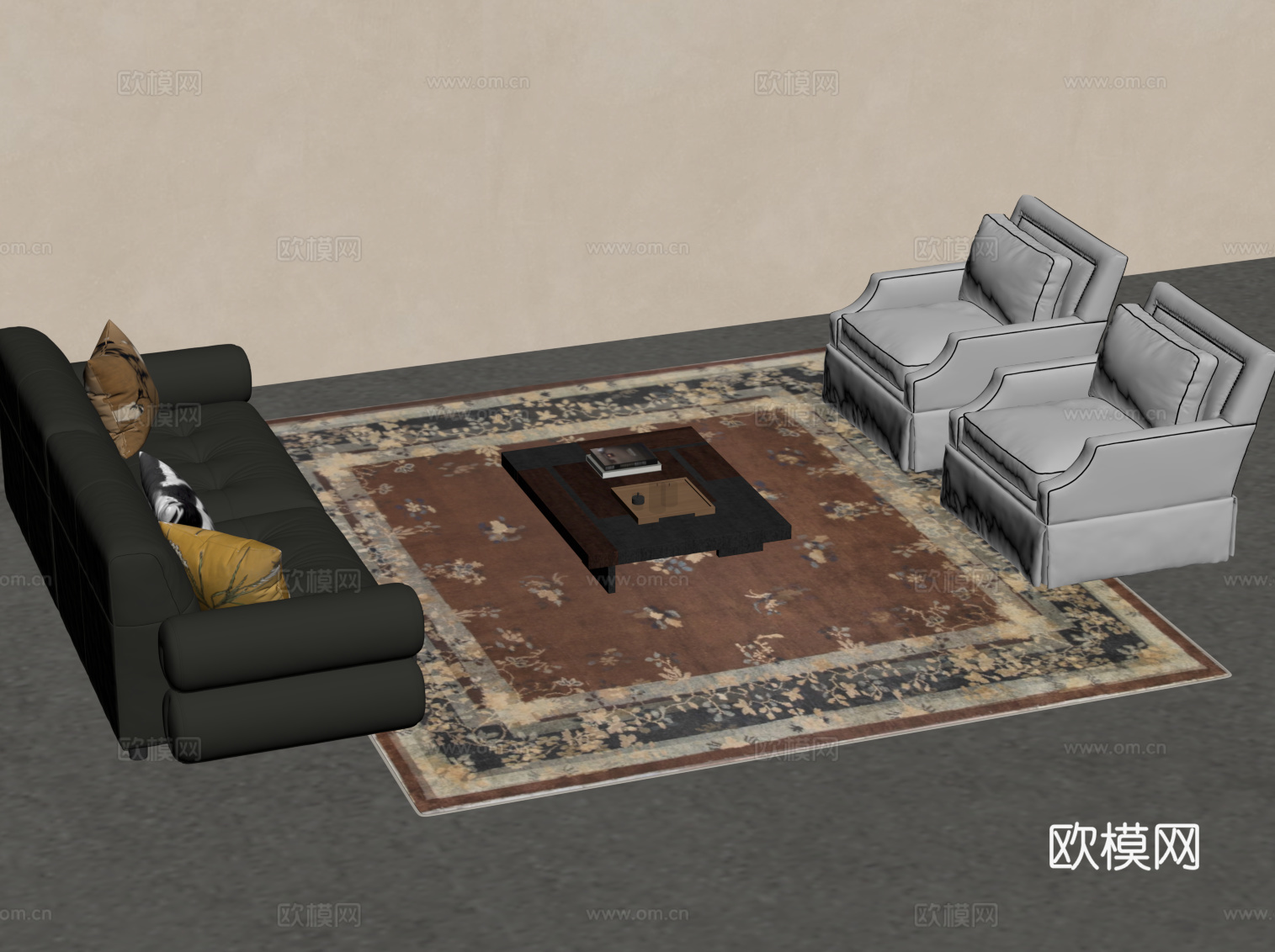 现代中古风沙发茶几组合su模型