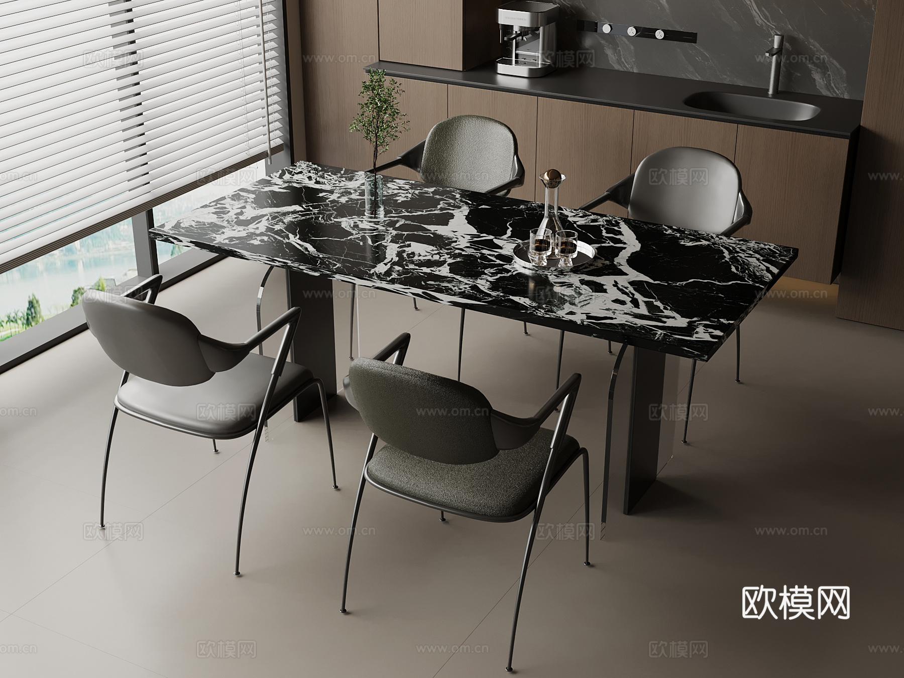 现代意式餐桌椅su模型