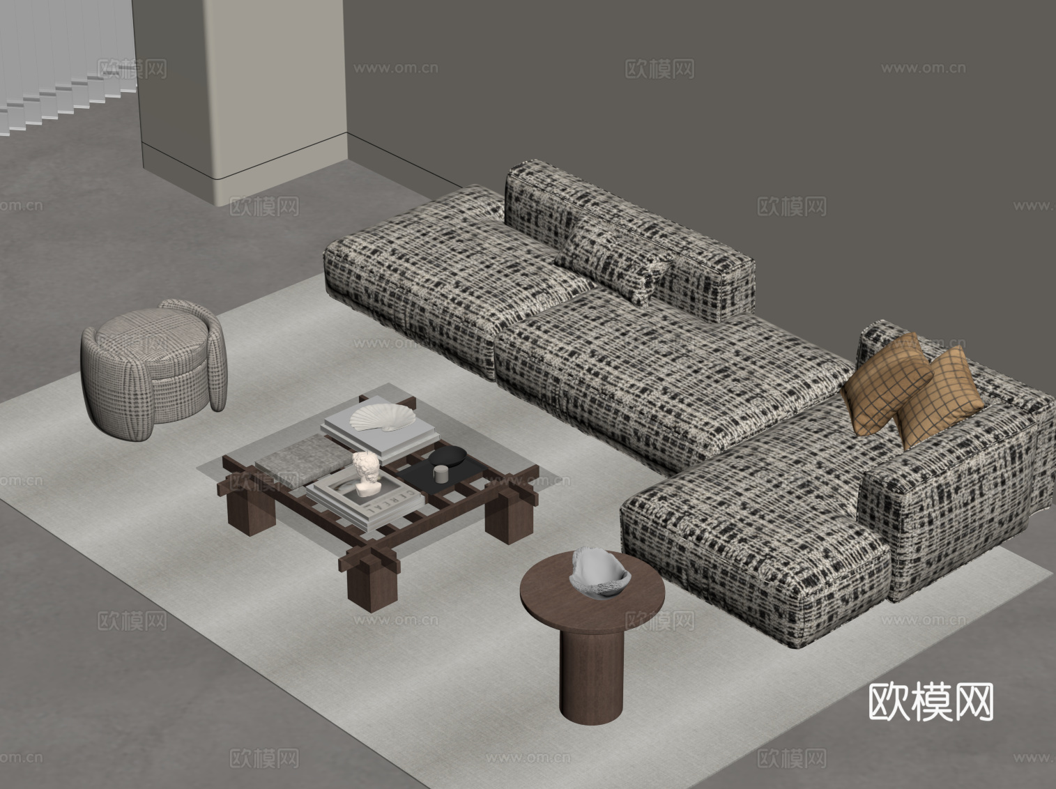 现代中古风沙发 沙发茶几组合su模型