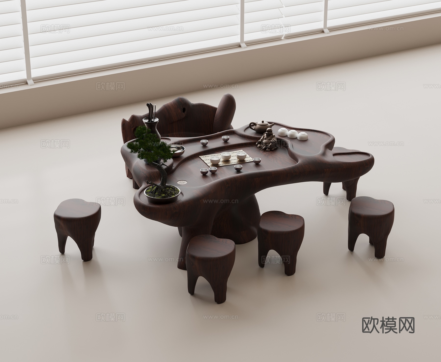 中式根雕茶桌 实木茶桌 实木凳 茶具组合 茶壶茶杯 盆栽绿植su模型