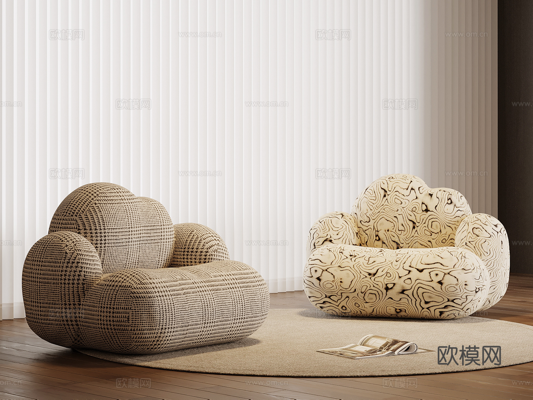 现代中古风懒人沙发 布艺休闲沙发su模型