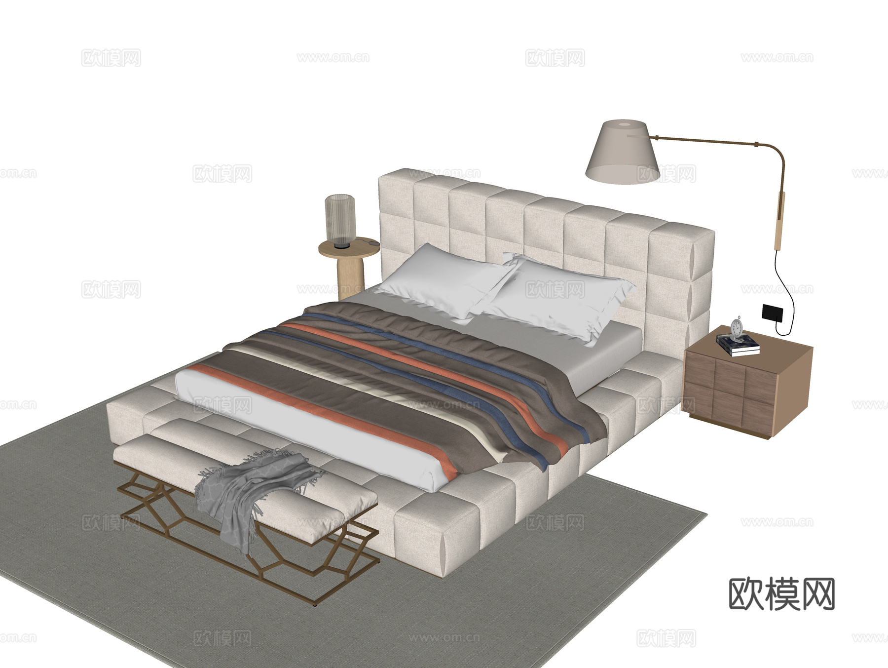 现代双人床 床尾凳su模型