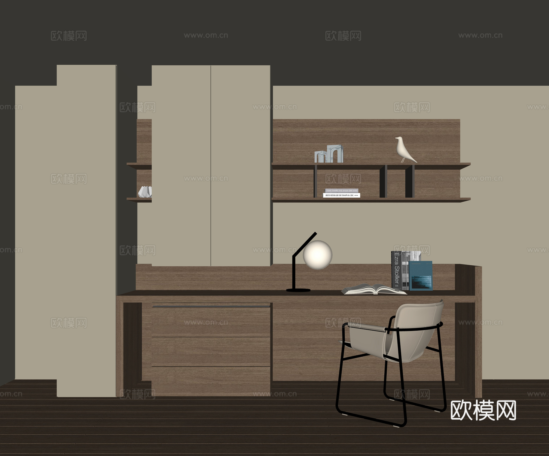 现代书桌一体柜su模型