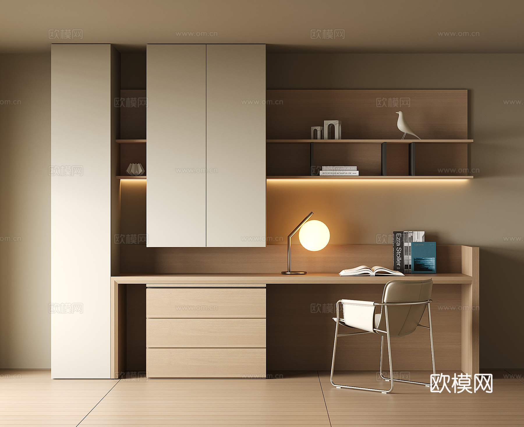 现代书桌一体柜3d模型下载