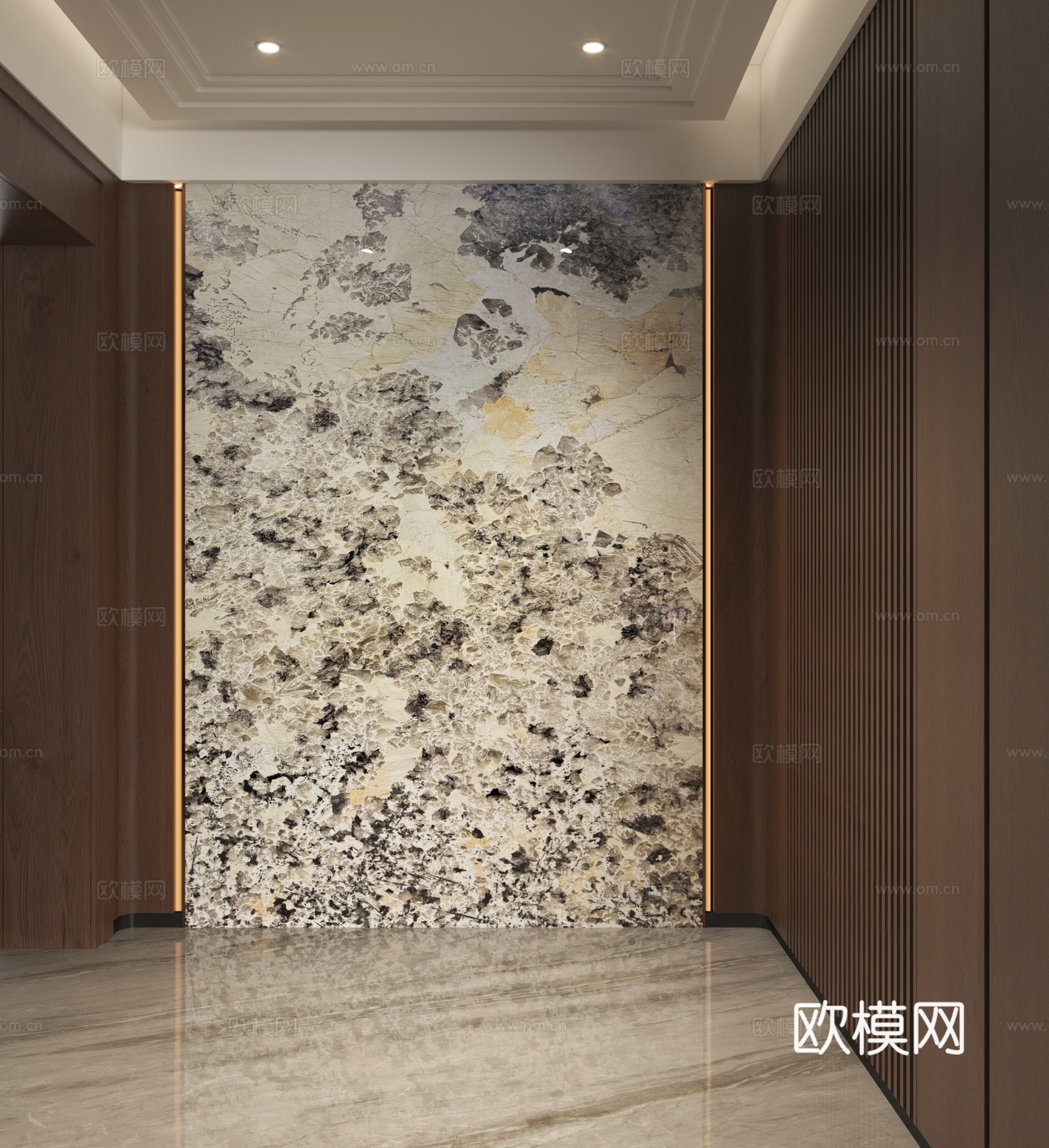 现代意式入户玄关 意式玄关背景墙 玄关木纹墙板 别墅门厅石材su模型