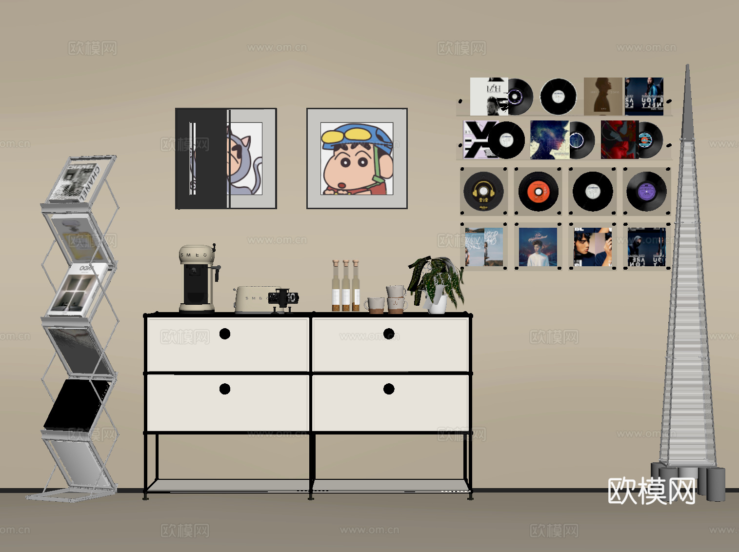 中古风边柜 落地灯 书架 黑胶唱片su模型