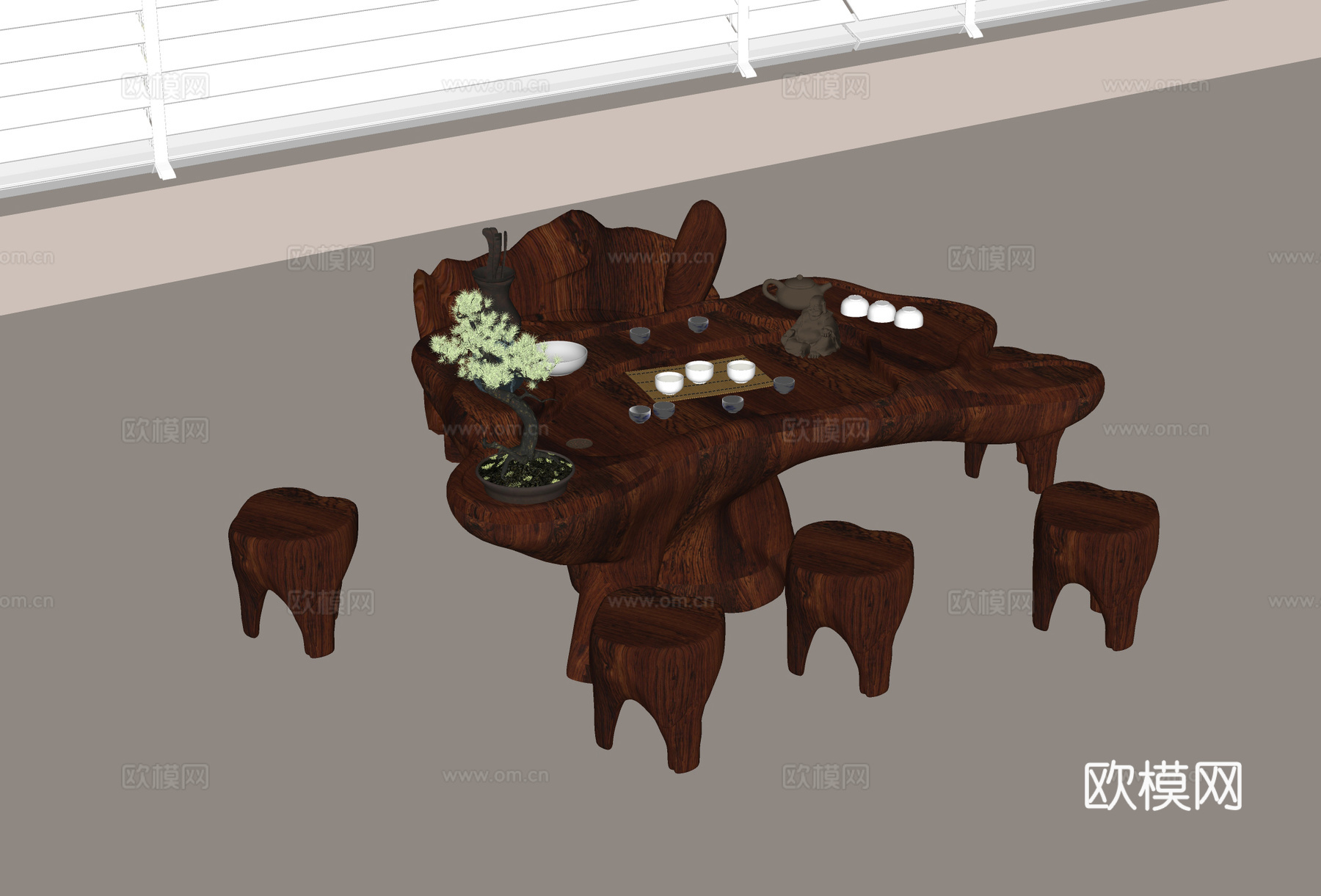 中式根雕茶桌 实木茶桌 实木凳 茶具组合 茶壶茶杯 盆栽绿植su模型