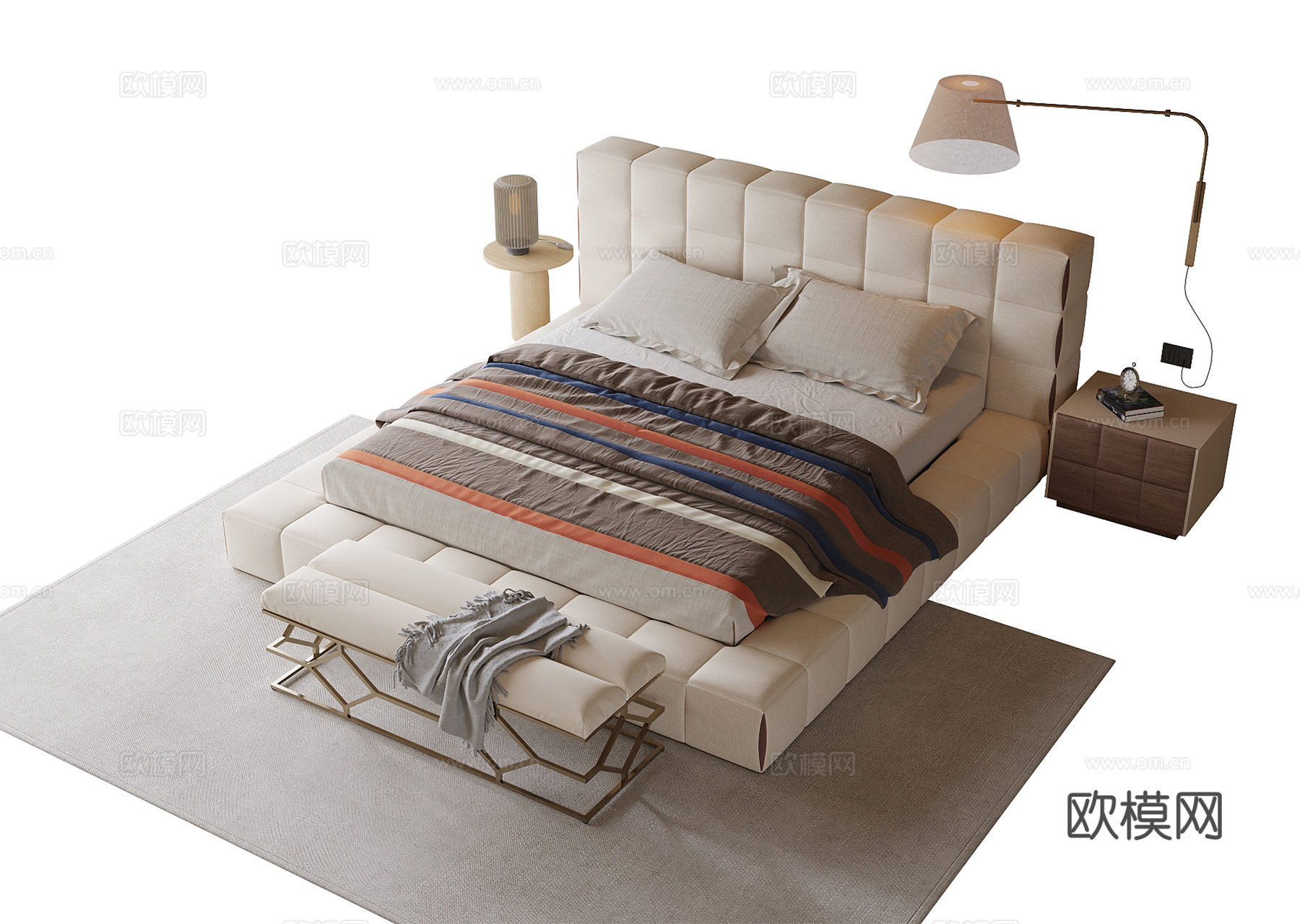 现代双人床 床尾凳su模型