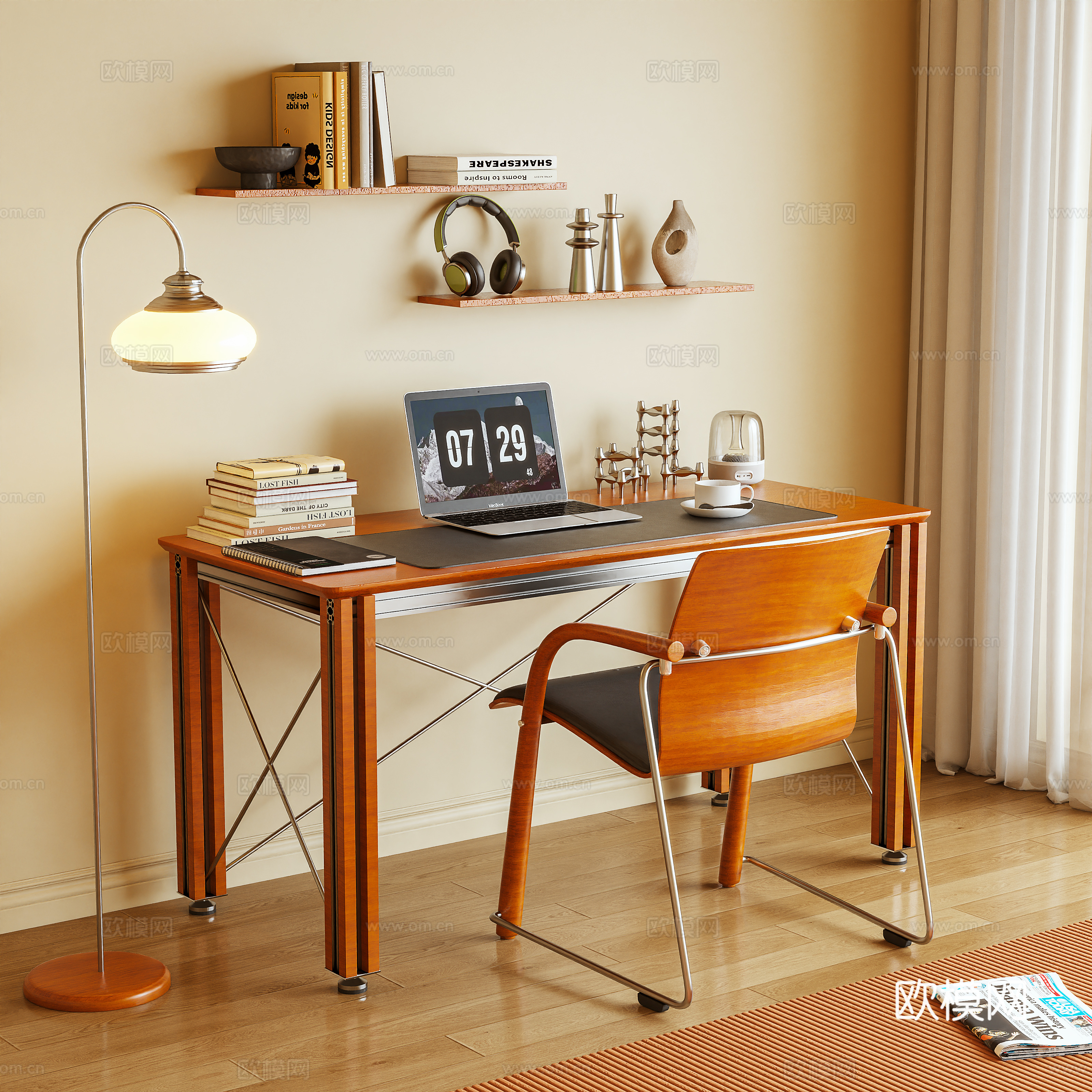 书桌 电脑桌 大板桌 书籍 摆件3d模型下载