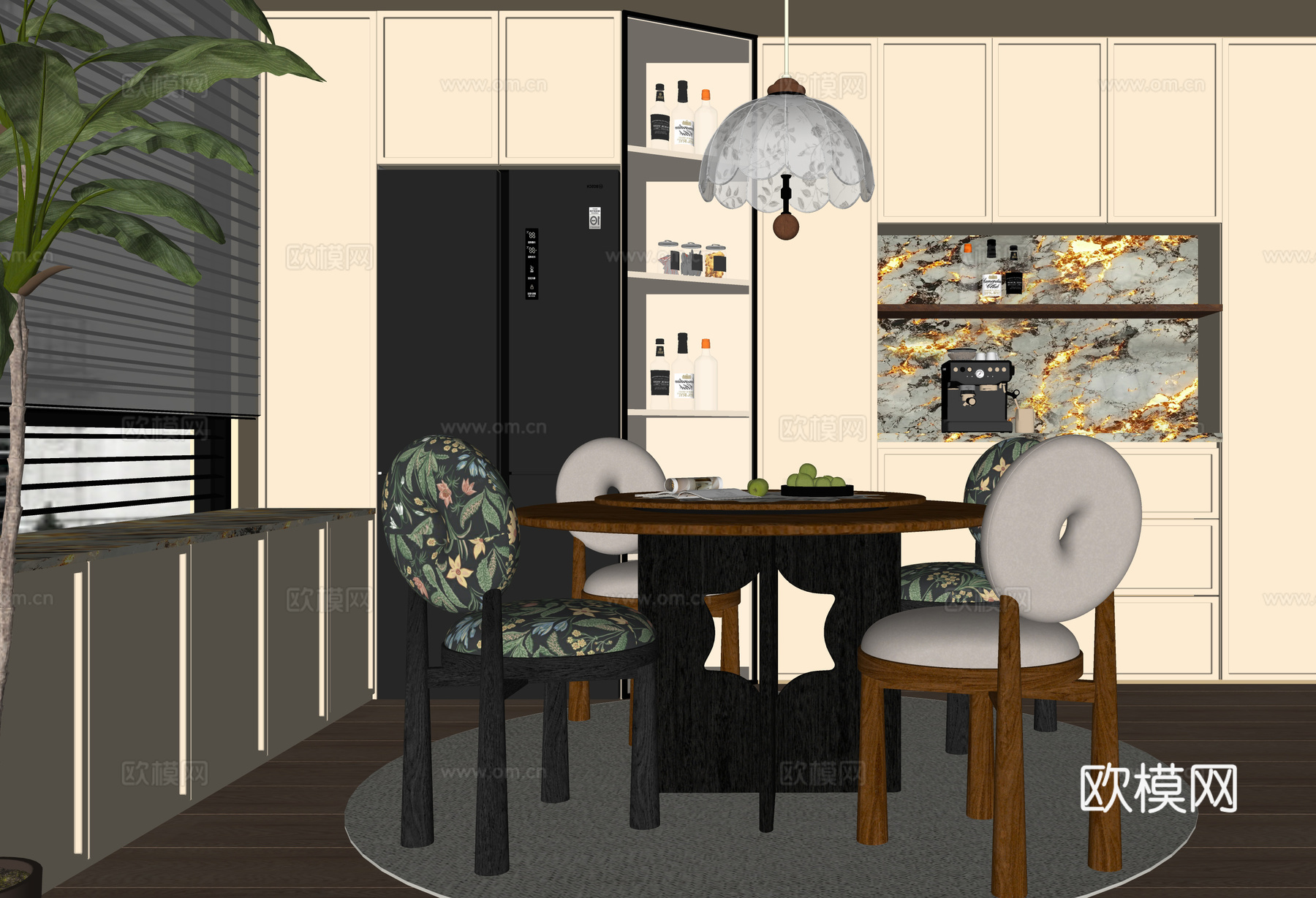 现代餐厅 餐桌椅 餐边柜su模型