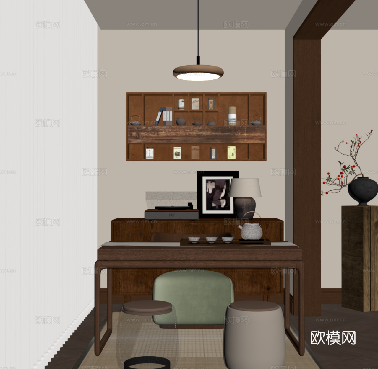 中古风阳台茶室 茶桌椅 茶台 茶叶柜su模型