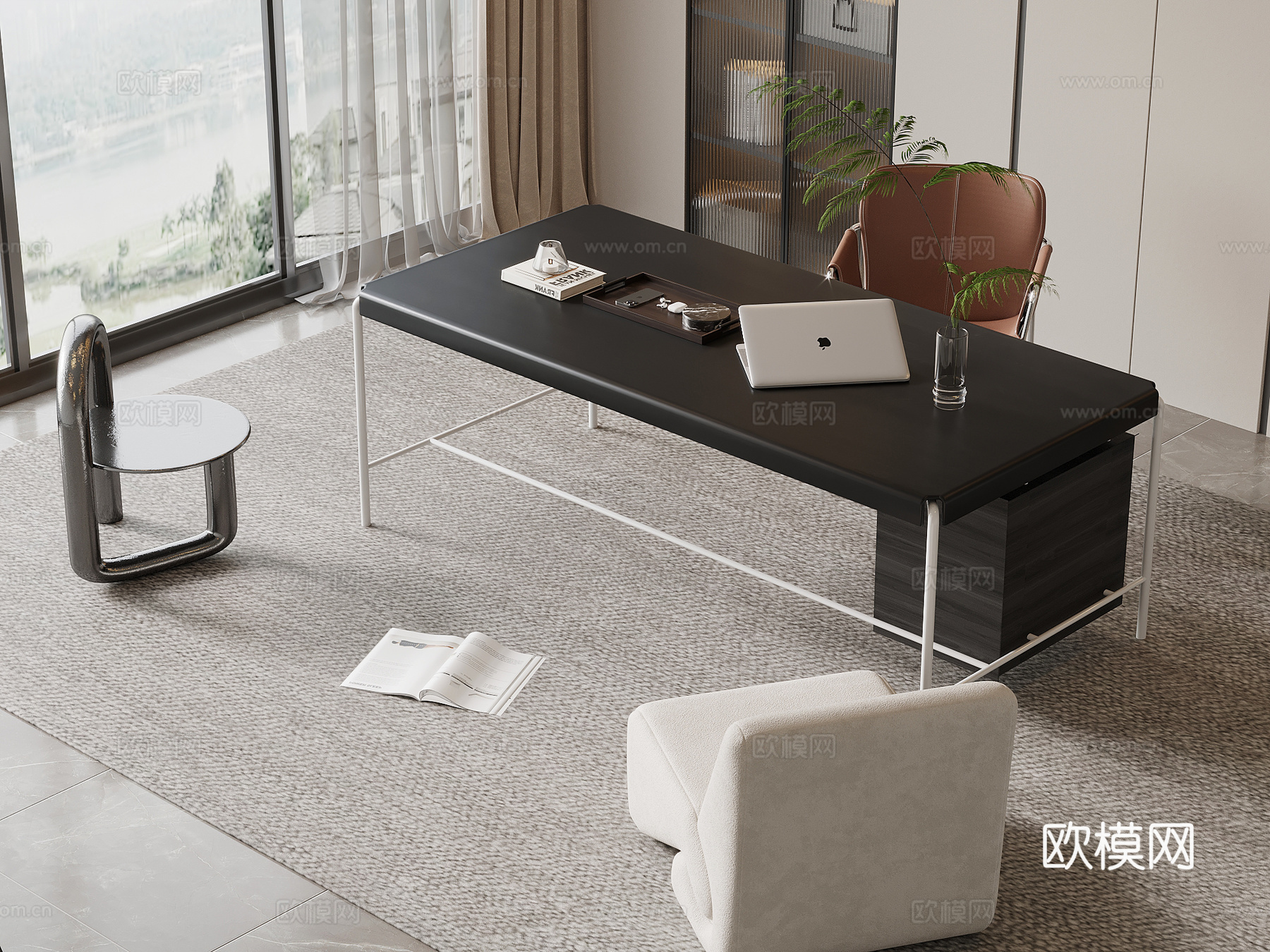 现代意式书桌椅 办公桌椅su模型