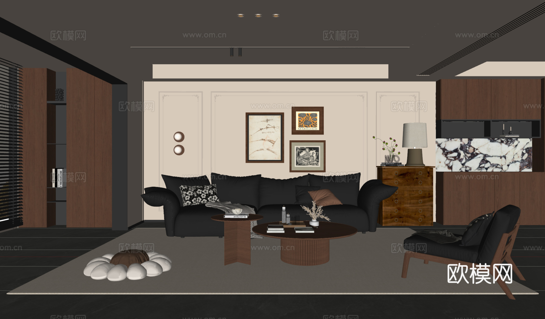 法式中古风客厅 沙发茶几 多人沙发 休闲椅 挂画 地毯su模型