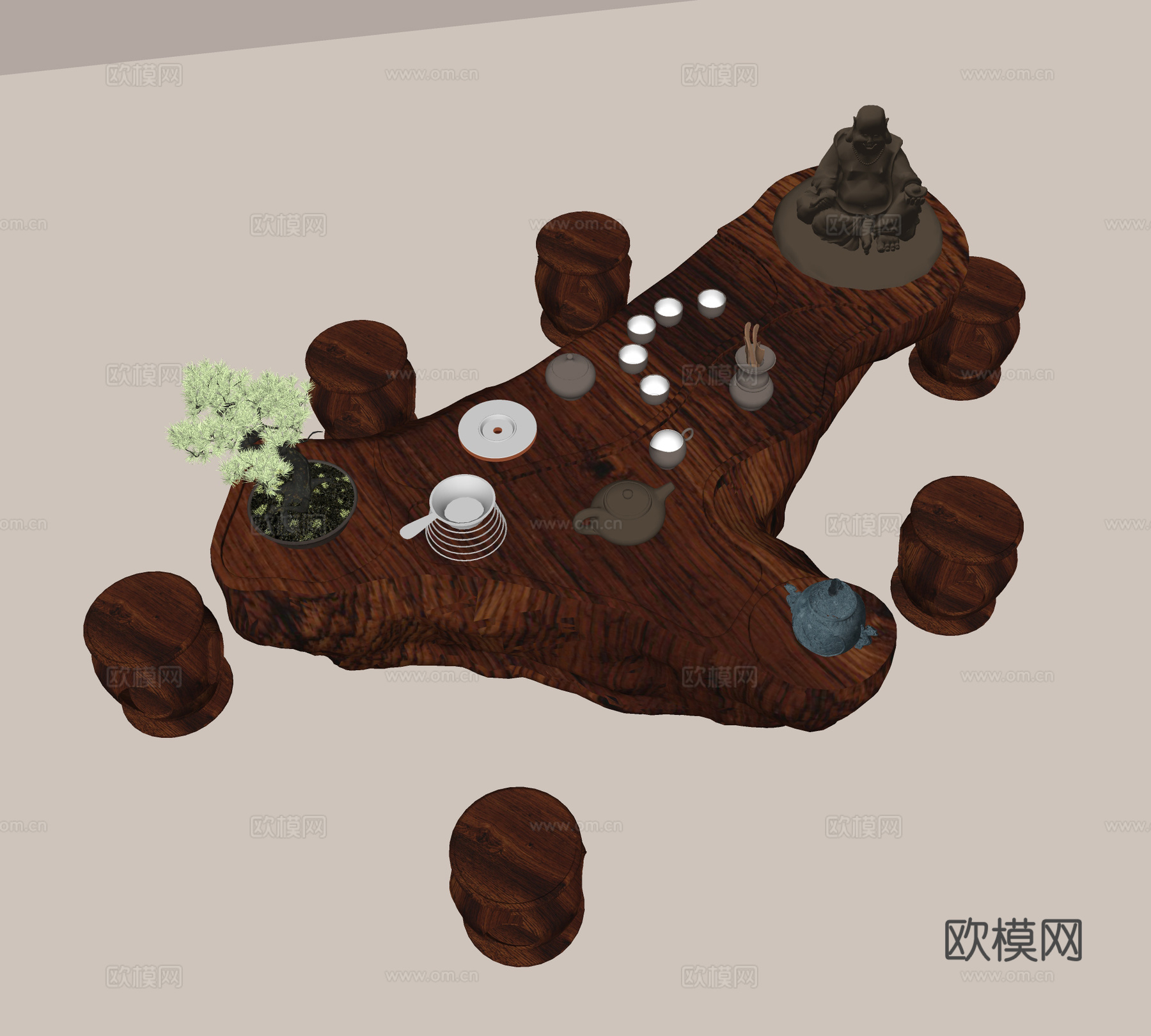 中式根雕茶桌 实木茶桌 实木凳 茶具组合 茶壶茶杯 盆栽绿植su模型