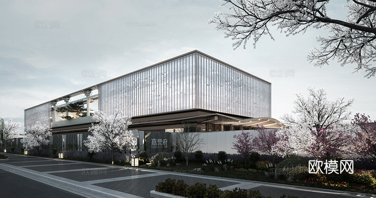 新中式售楼处建筑 售楼部建筑su模型