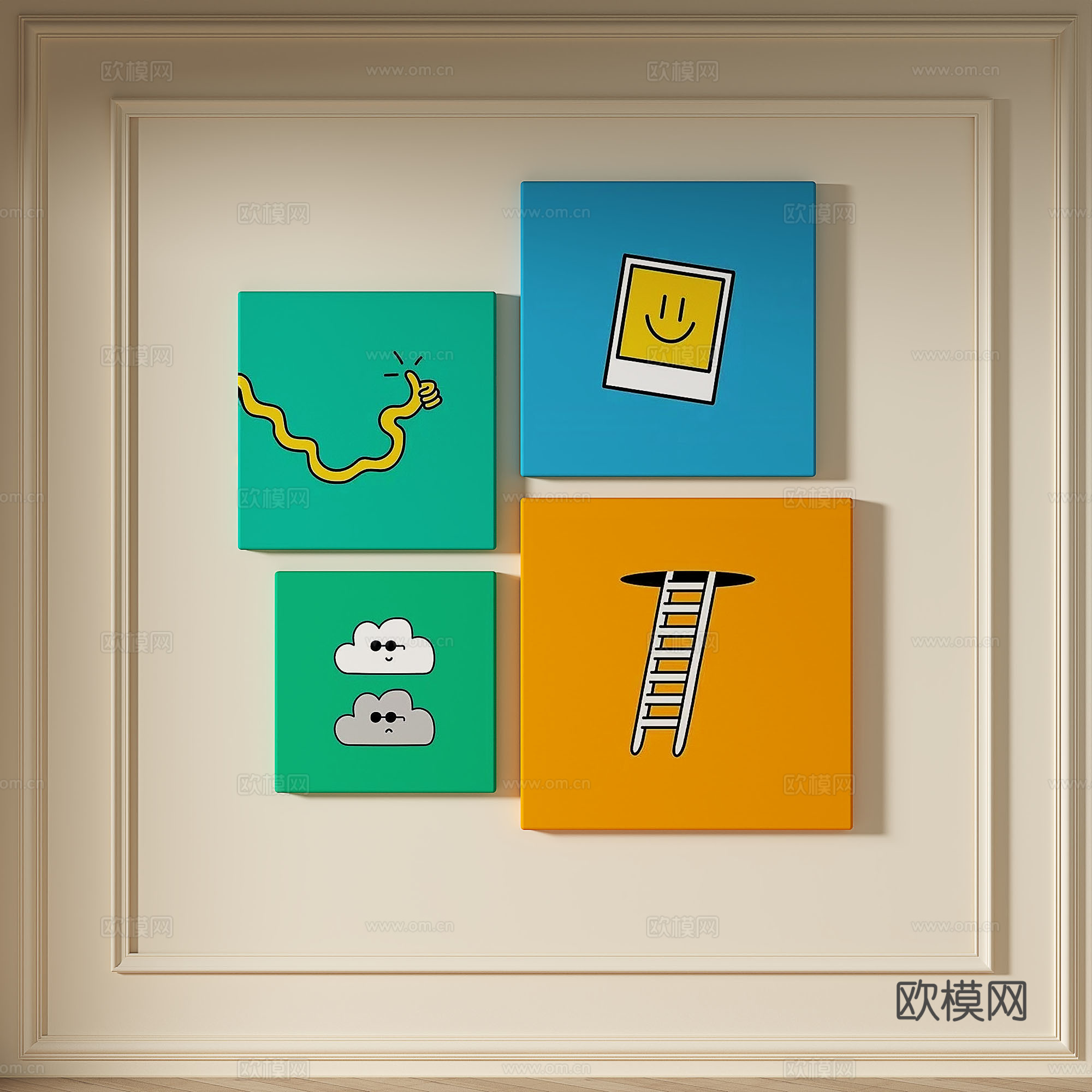 现代，简约，抽象，多巴胺，组合，装饰画3d模型