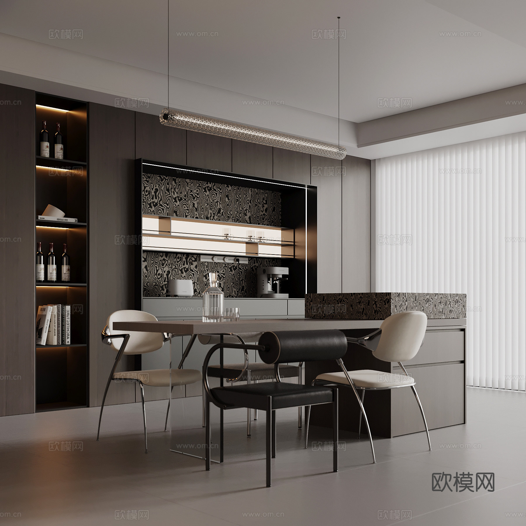 现代意式餐厅 餐桌椅 岛台 酒柜su模型