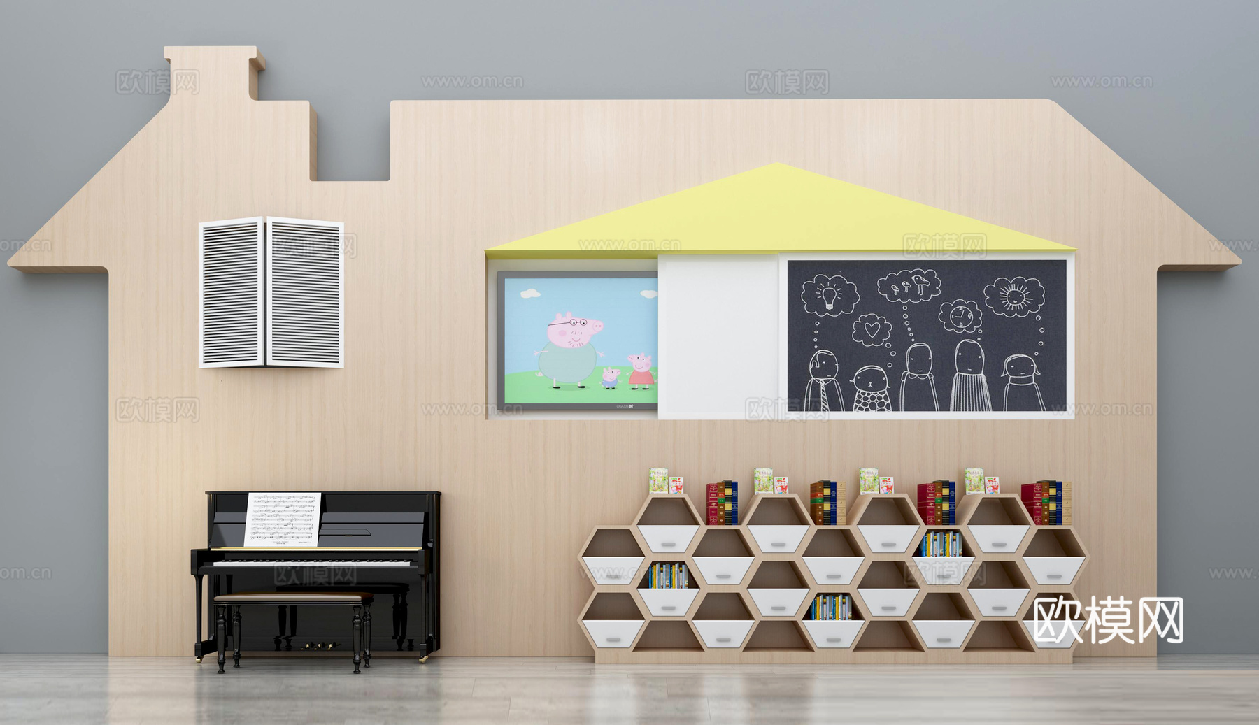 现代儿童背景墙书柜书架钢琴黑板组合 乐器 儿童装饰柜 儿3d模型下载