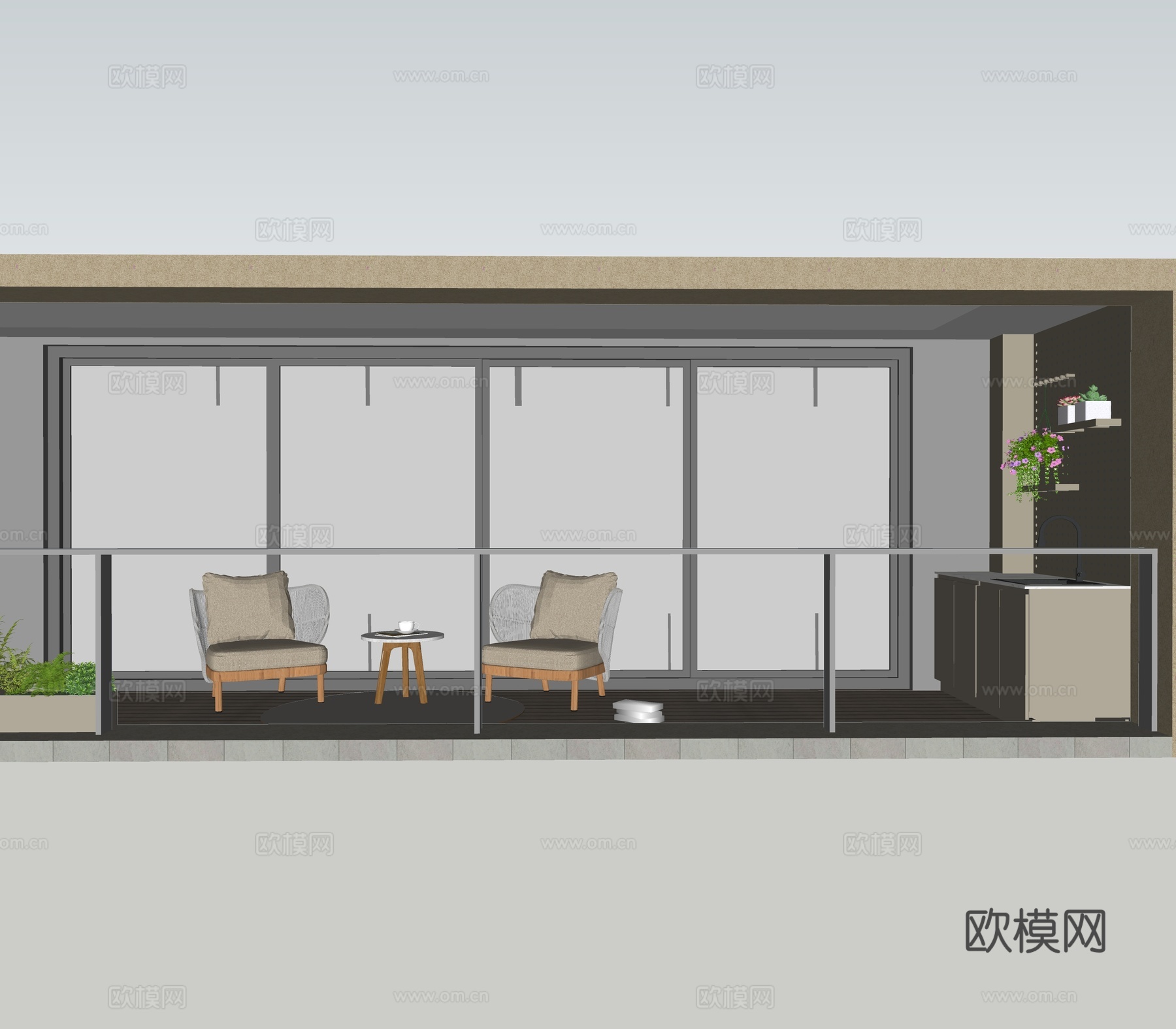 现代休闲 洗漱阳台 休闲椅 花箱绿植 洞洞板 操作台su模型