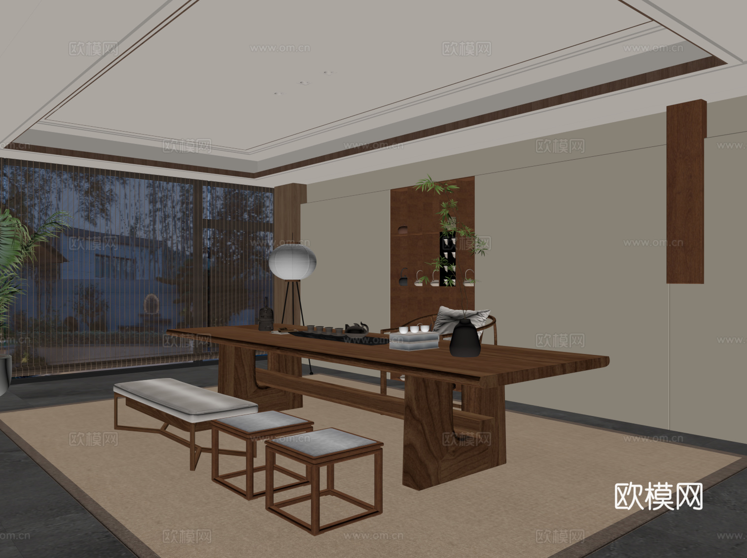 新中式茶室 茶桌椅 茶台su模型