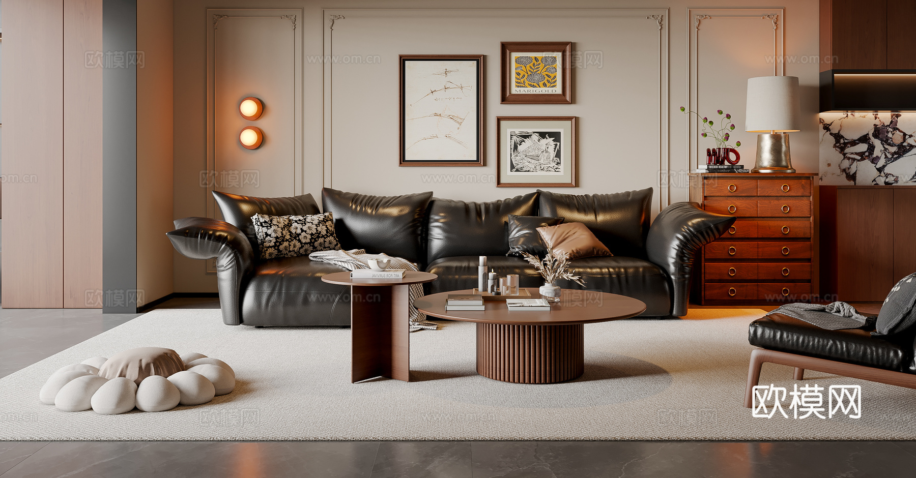 法式中古风客厅 沙发茶几 多人沙发 休闲椅 挂画 地毯3d模型下载（渲染图2）