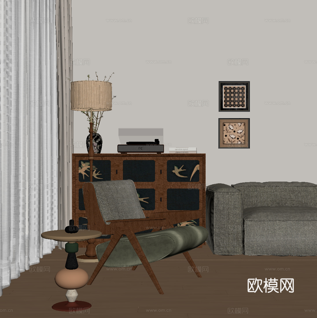 中古风边柜 斗柜 休闲椅 落地灯su模型