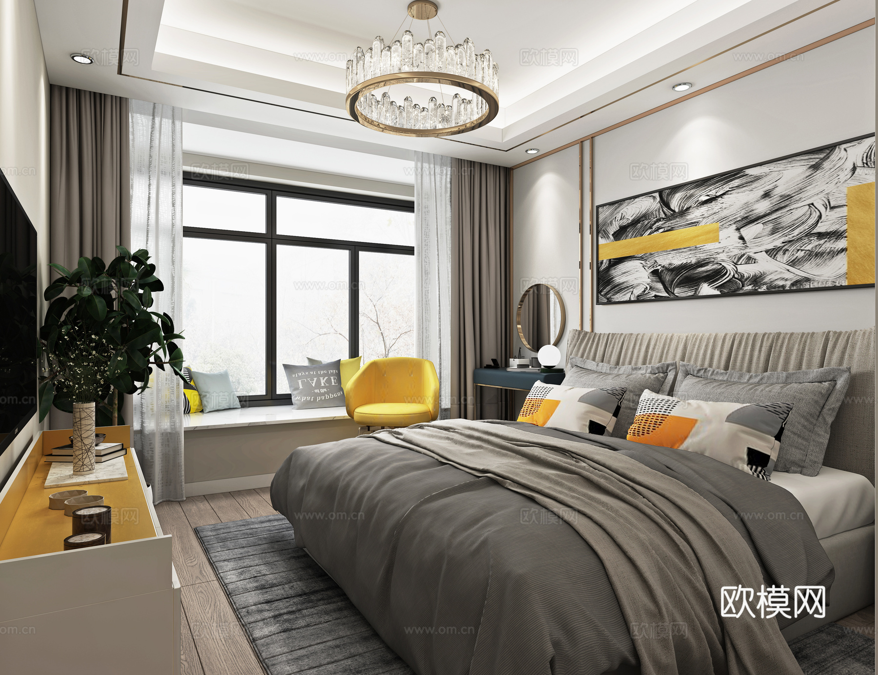 现代主卧室 双人床吊灯3d模型下载