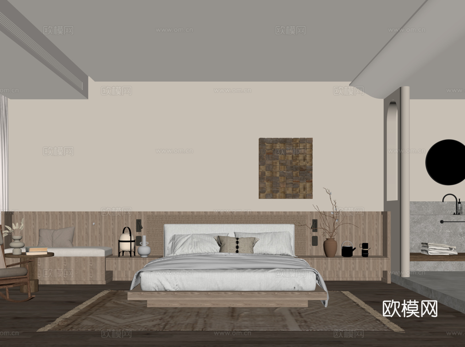 侘寂风客房 大床房 套房 双人床 卧室su模型