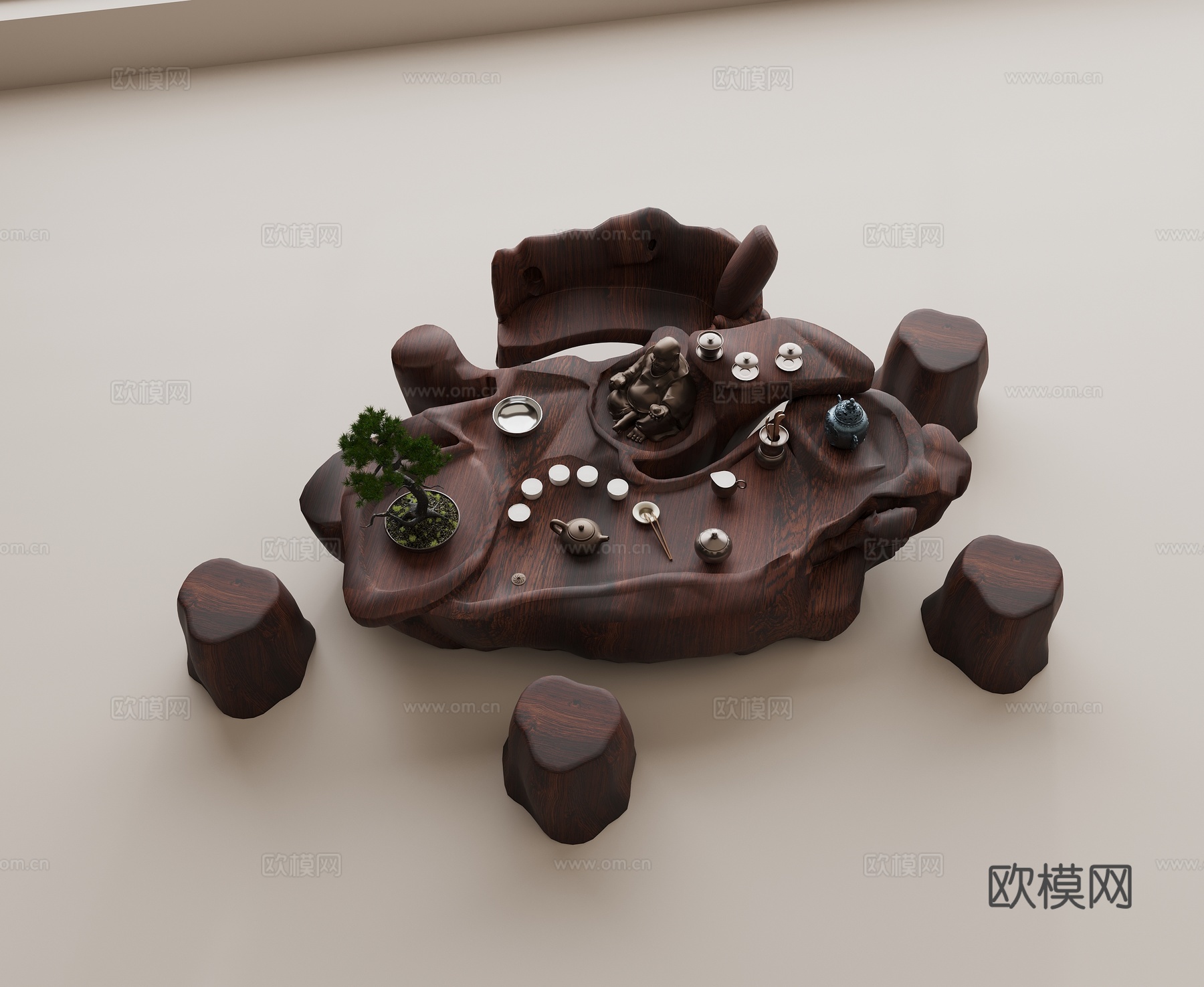 中式根雕茶桌 实木茶桌 实木凳 茶具组合 茶壶茶杯 盆栽绿植3d模型