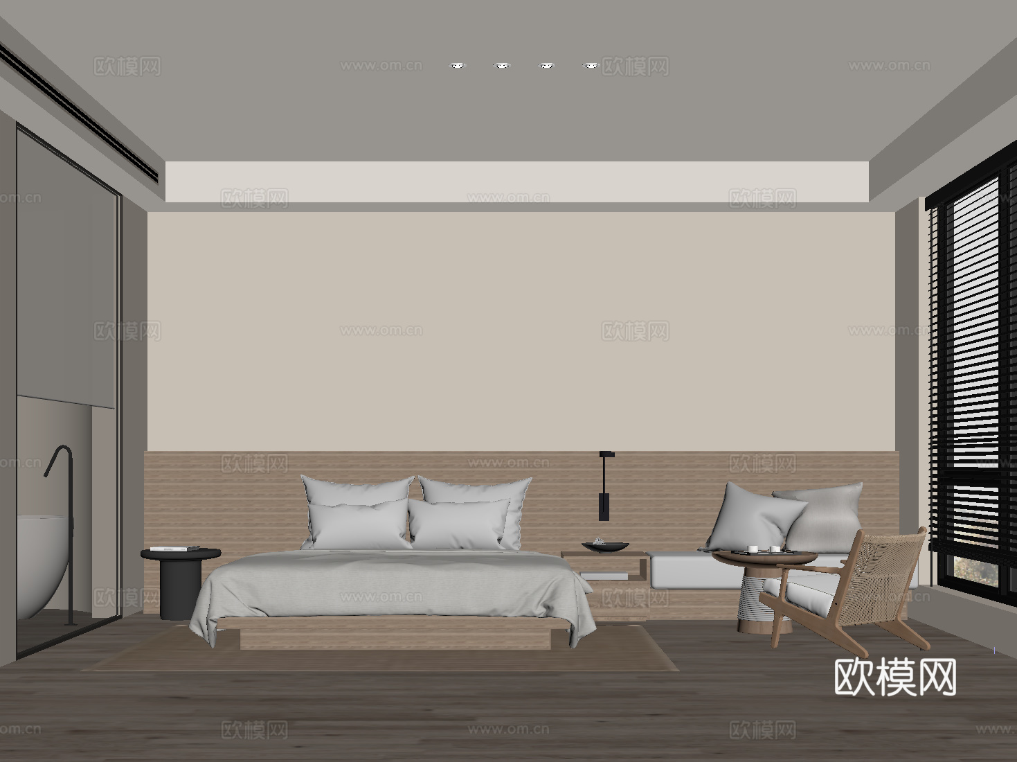 现代客房 大床房 套房 双人床 卧室su模型