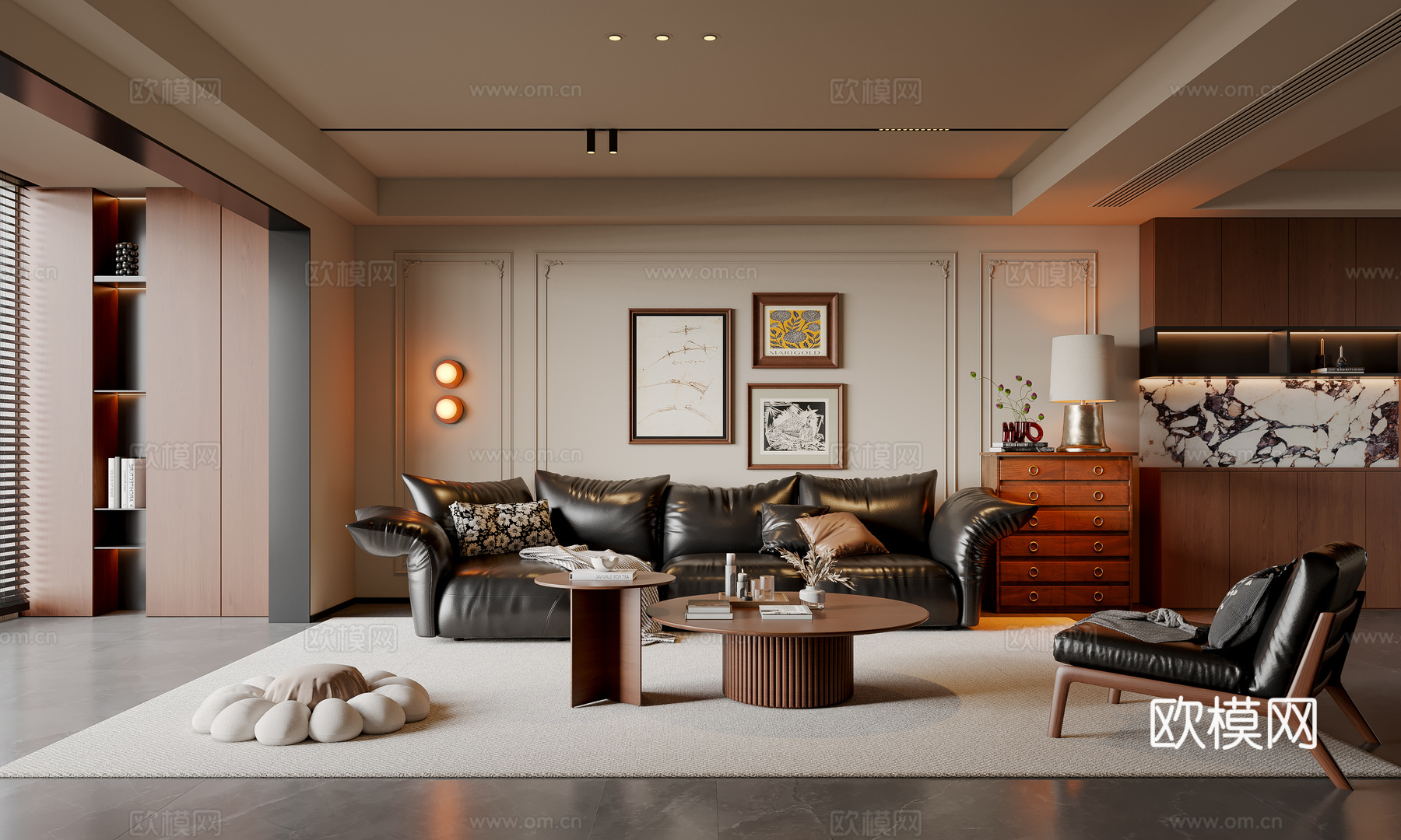 法式中古风客厅 沙发茶几 多人沙发 休闲椅 挂画 地毯su模型