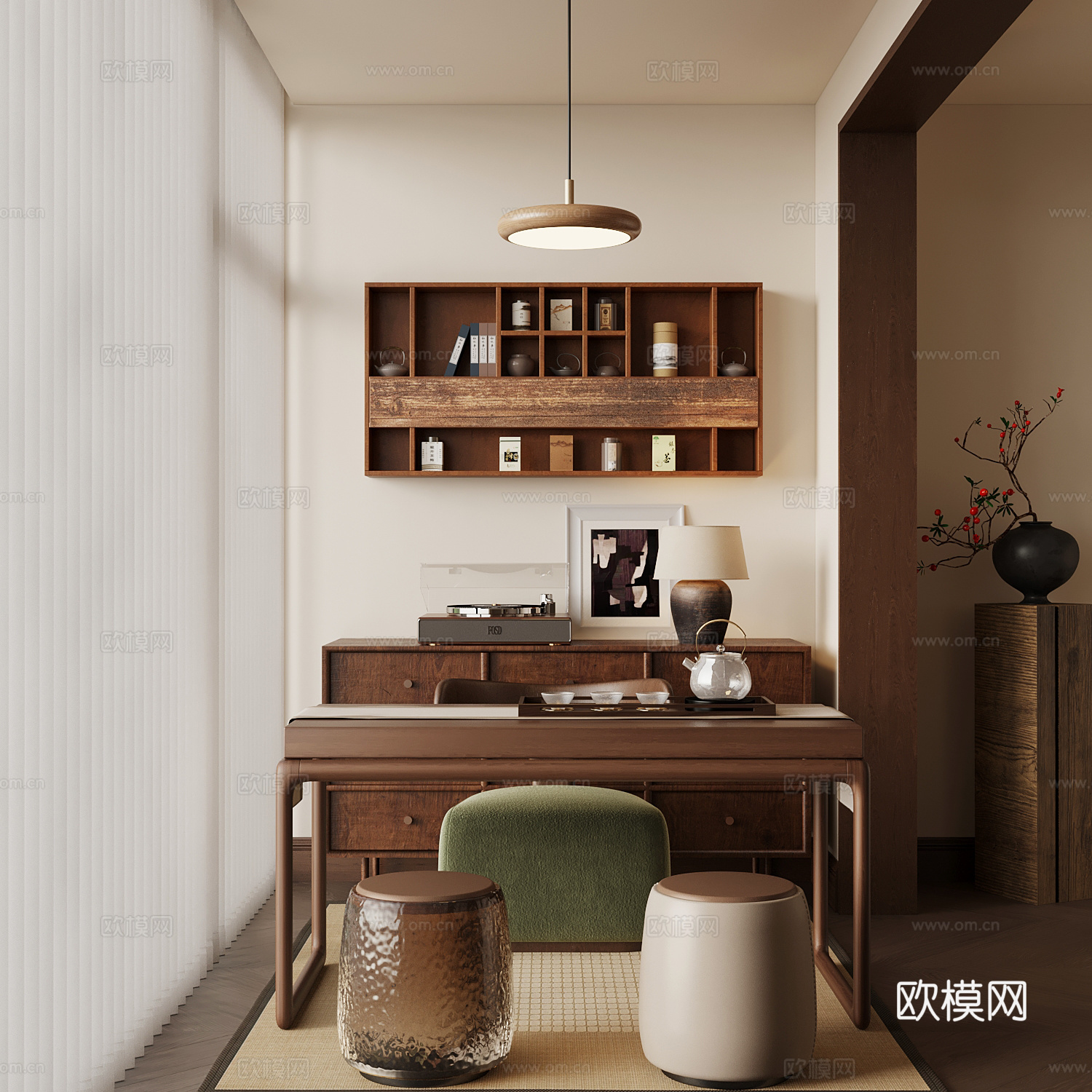 中古风阳台茶室 茶桌椅 茶台 茶叶柜su模型