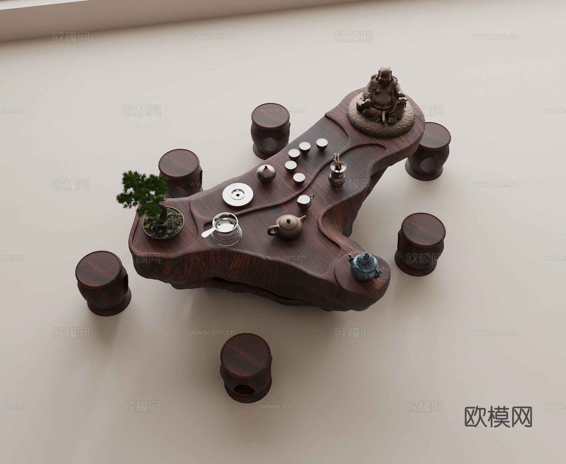 中式根雕茶桌 实木茶桌 实木凳 茶具组合 茶壶茶杯 盆栽绿植su模型