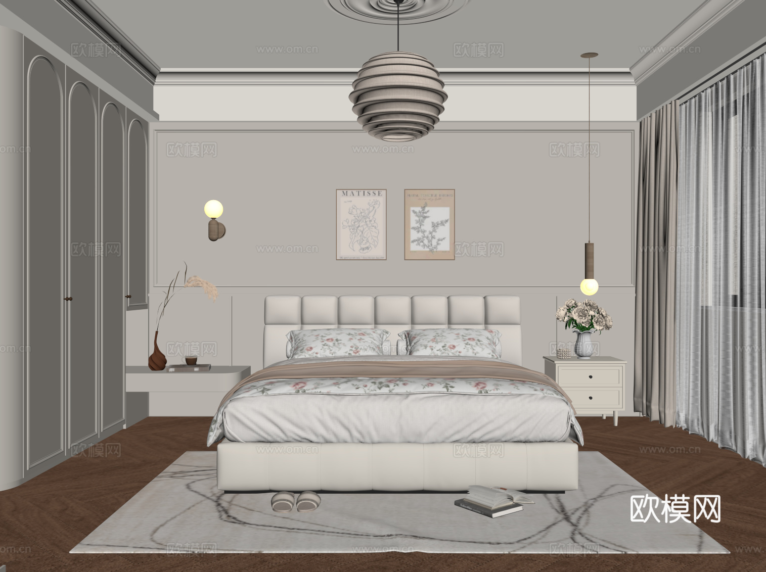 法式卧室 双人床 衣柜su模型