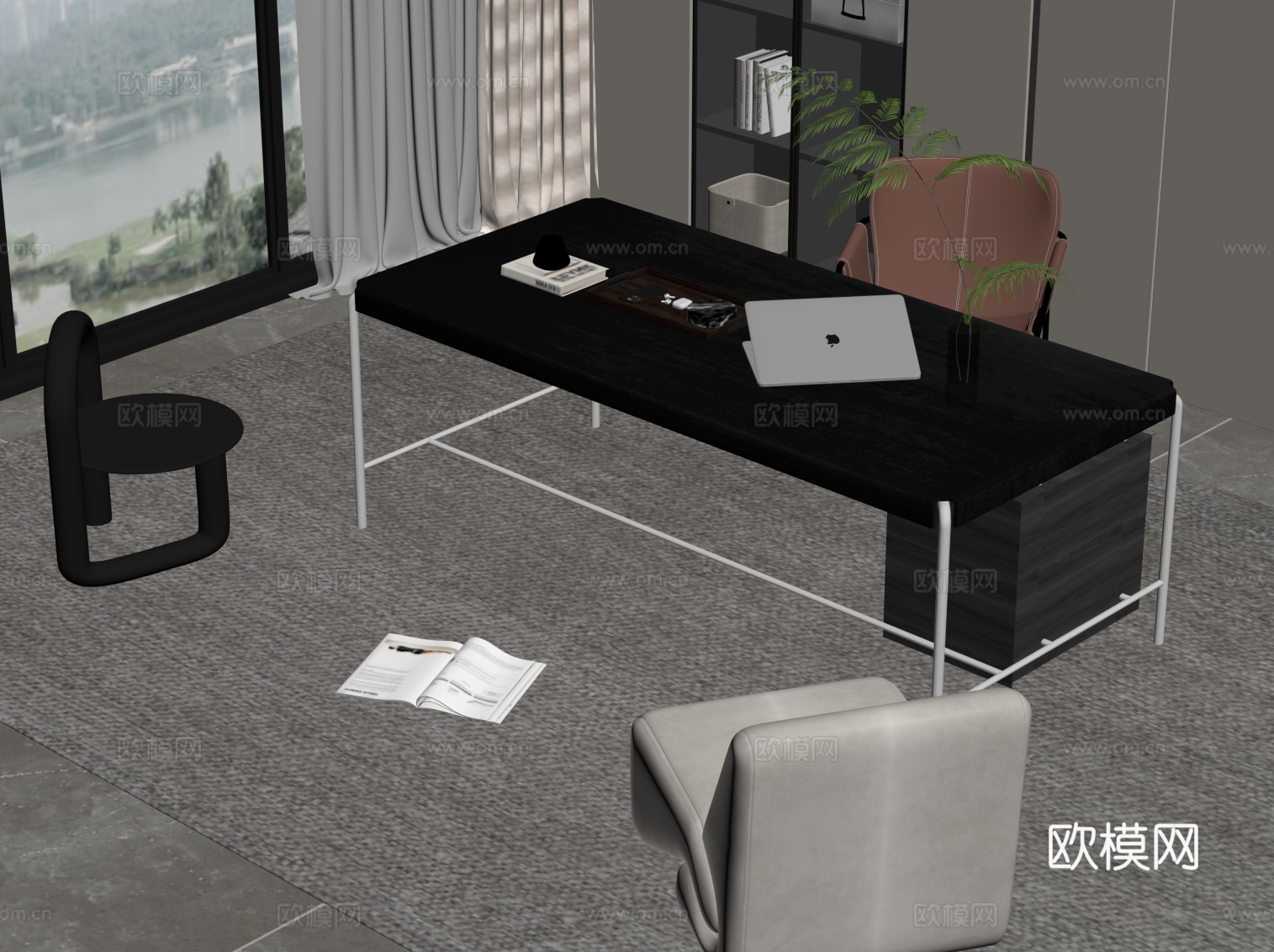 现代意式书桌椅 办公桌椅su模型