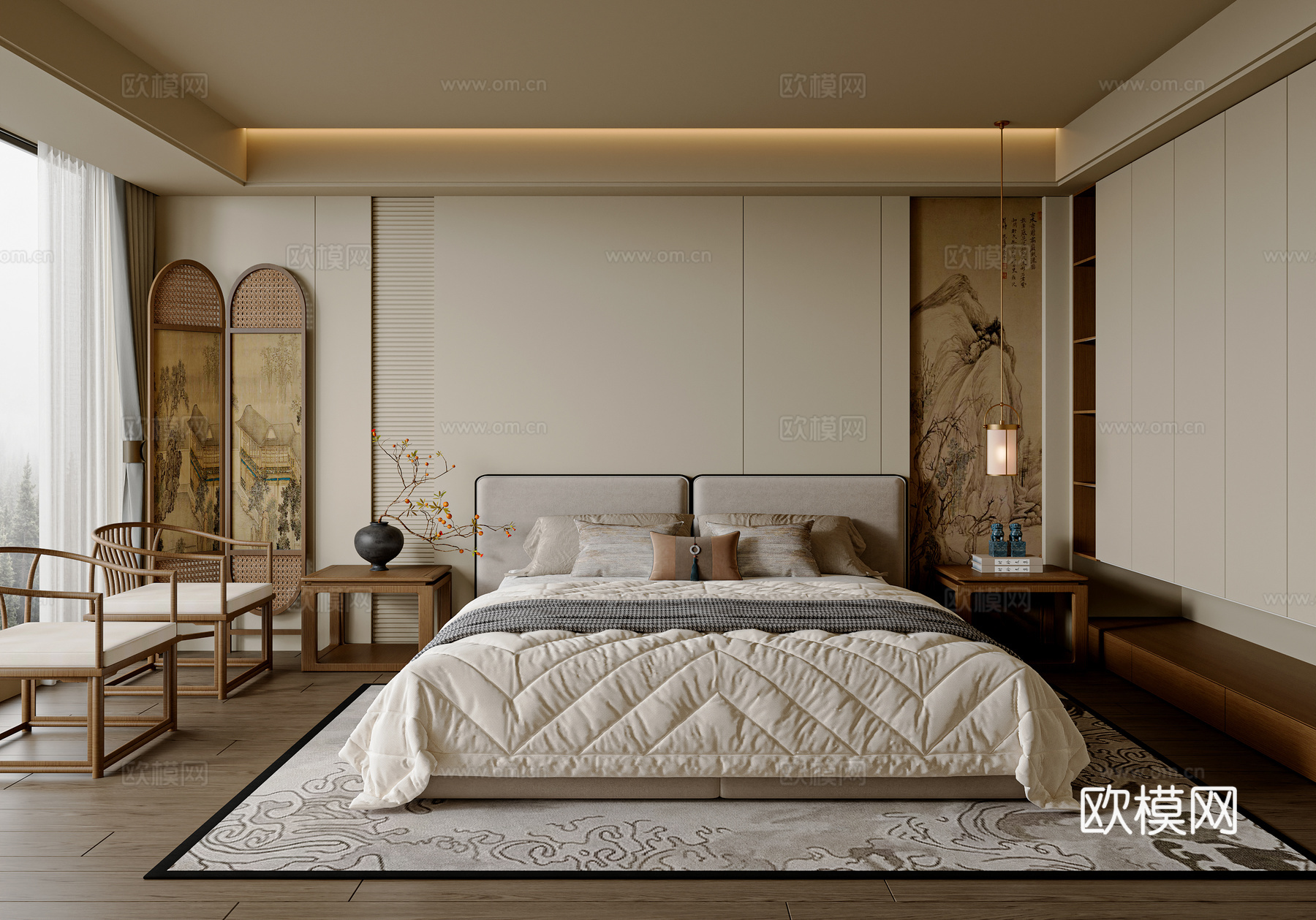 新中式中式卧室 主卧 休闲椅 布艺双人床 中式主卧床 屏风3d模型
