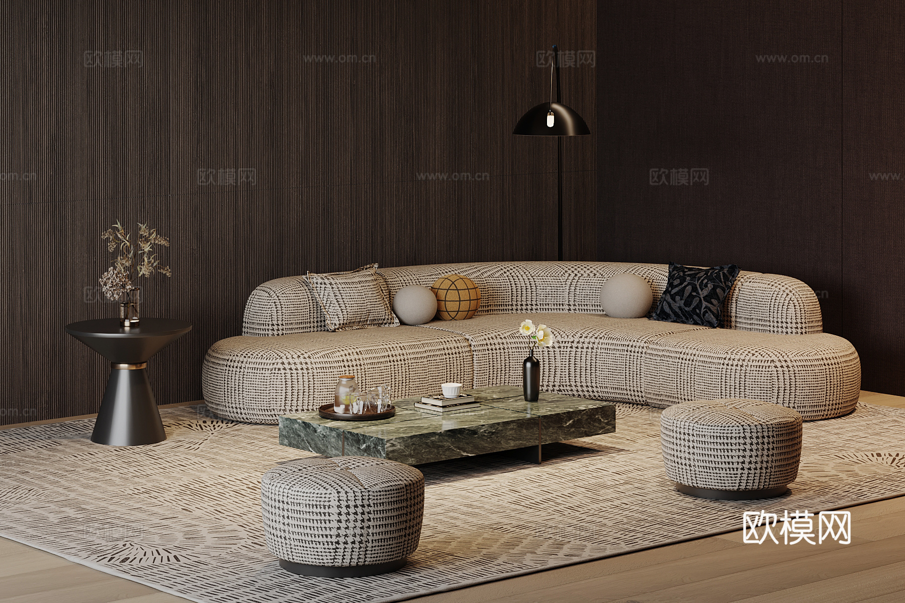 现代意式沙发 沙发茶几组合su模型