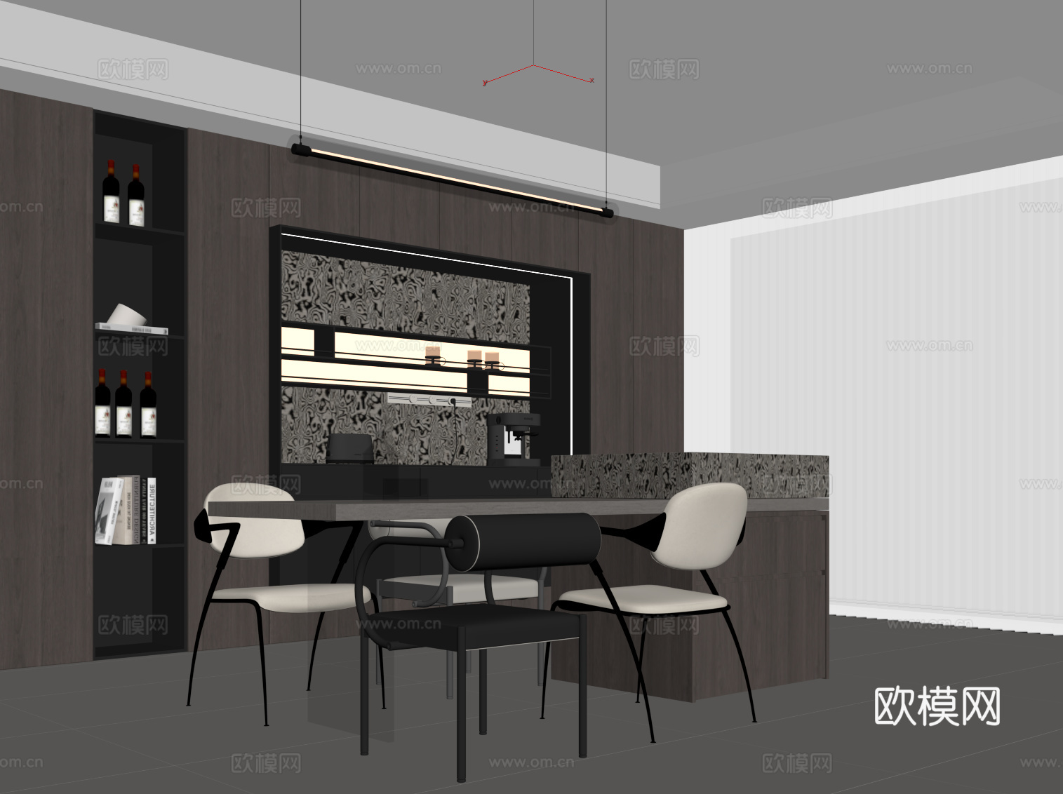现代意式餐厅 餐桌椅 岛台 酒柜su模型