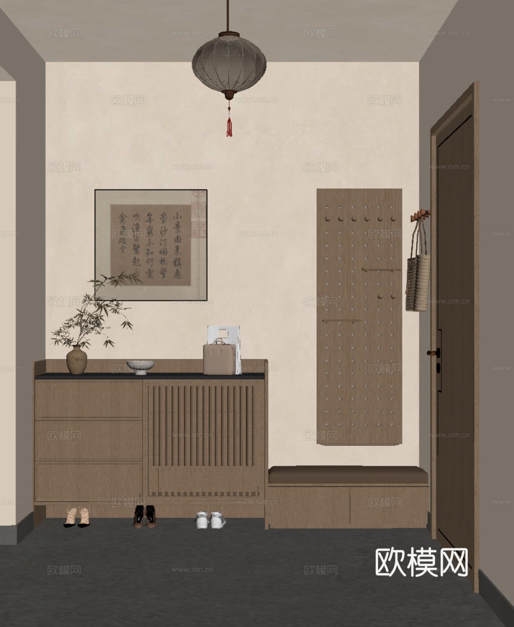 新中式门厅 鞋柜 洞洞板su模型