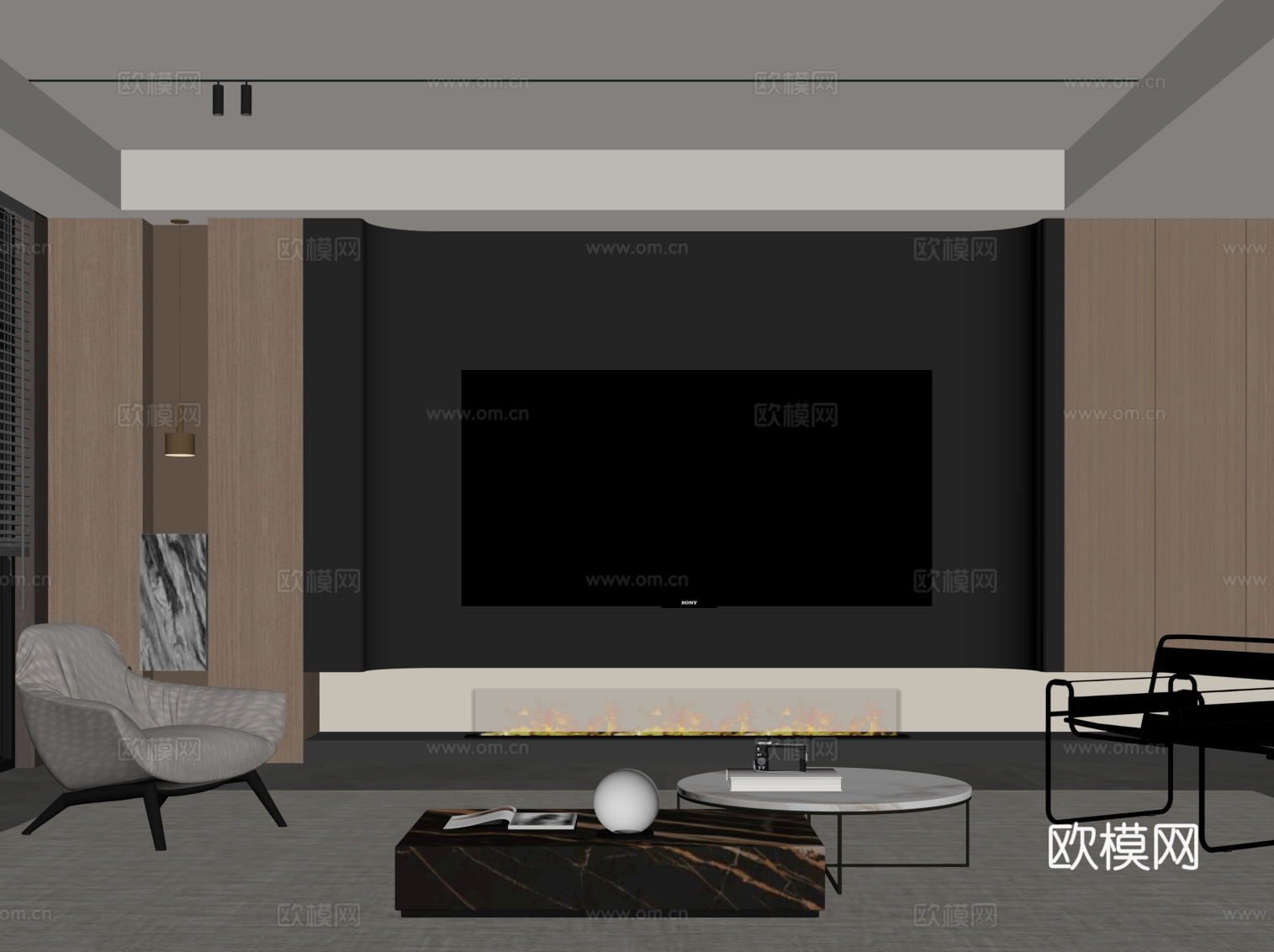 现代意式客厅 电视背景墙 沙发茶几组合su模型