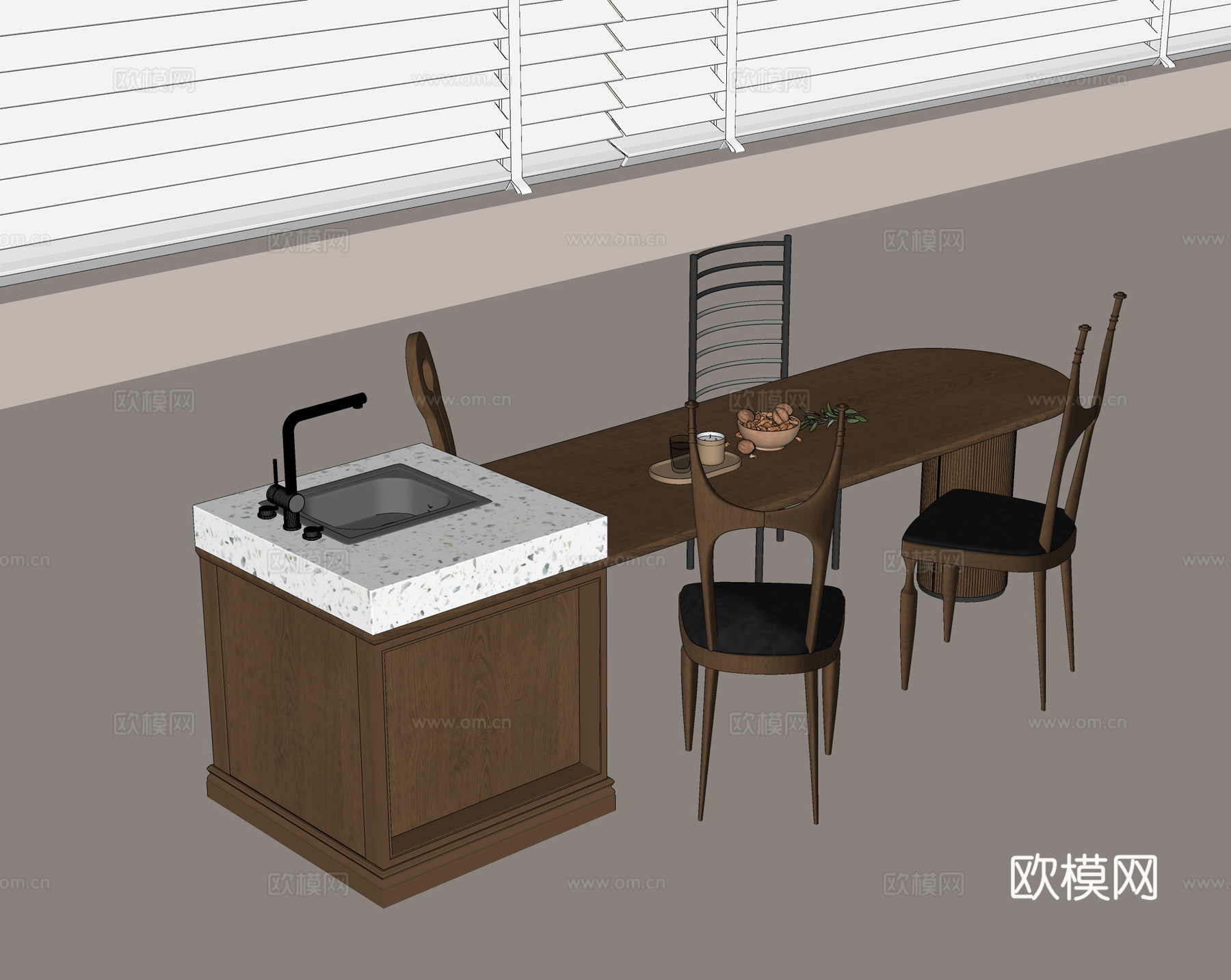 现代中岛水吧台 中岛实木餐桌 大理石水吧台 实木餐椅 水槽su模型