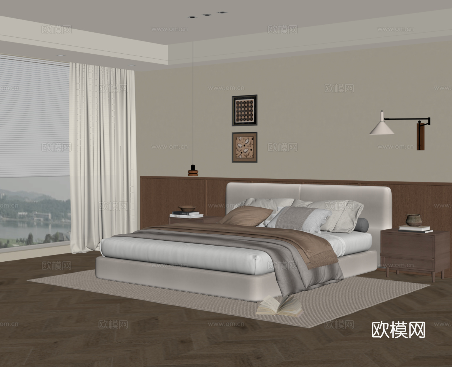 中古风卧室 双人床su模型