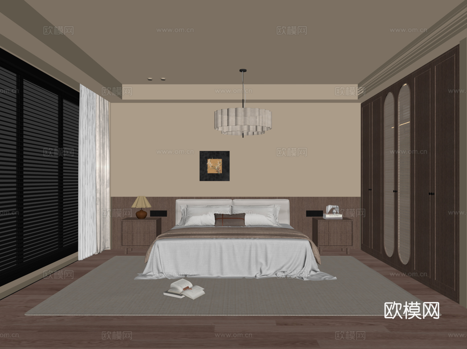 中古风卧室 双人床 衣柜su模型