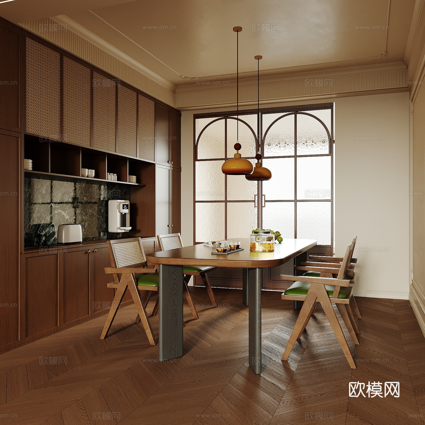 中古风茶台 餐桌椅 酒柜su模型