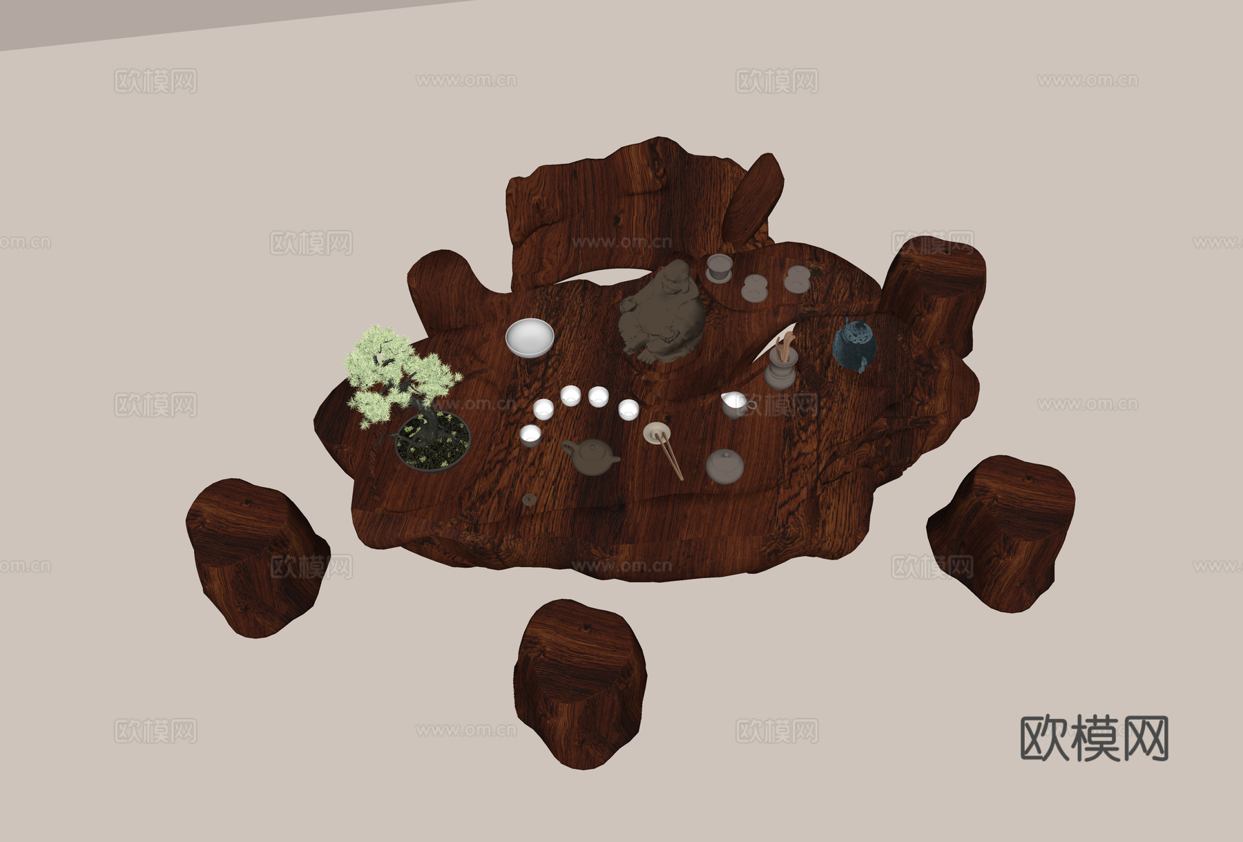 中式根雕茶桌 实木茶桌 实木凳 茶具组合 茶壶茶杯 盆栽绿植su模型