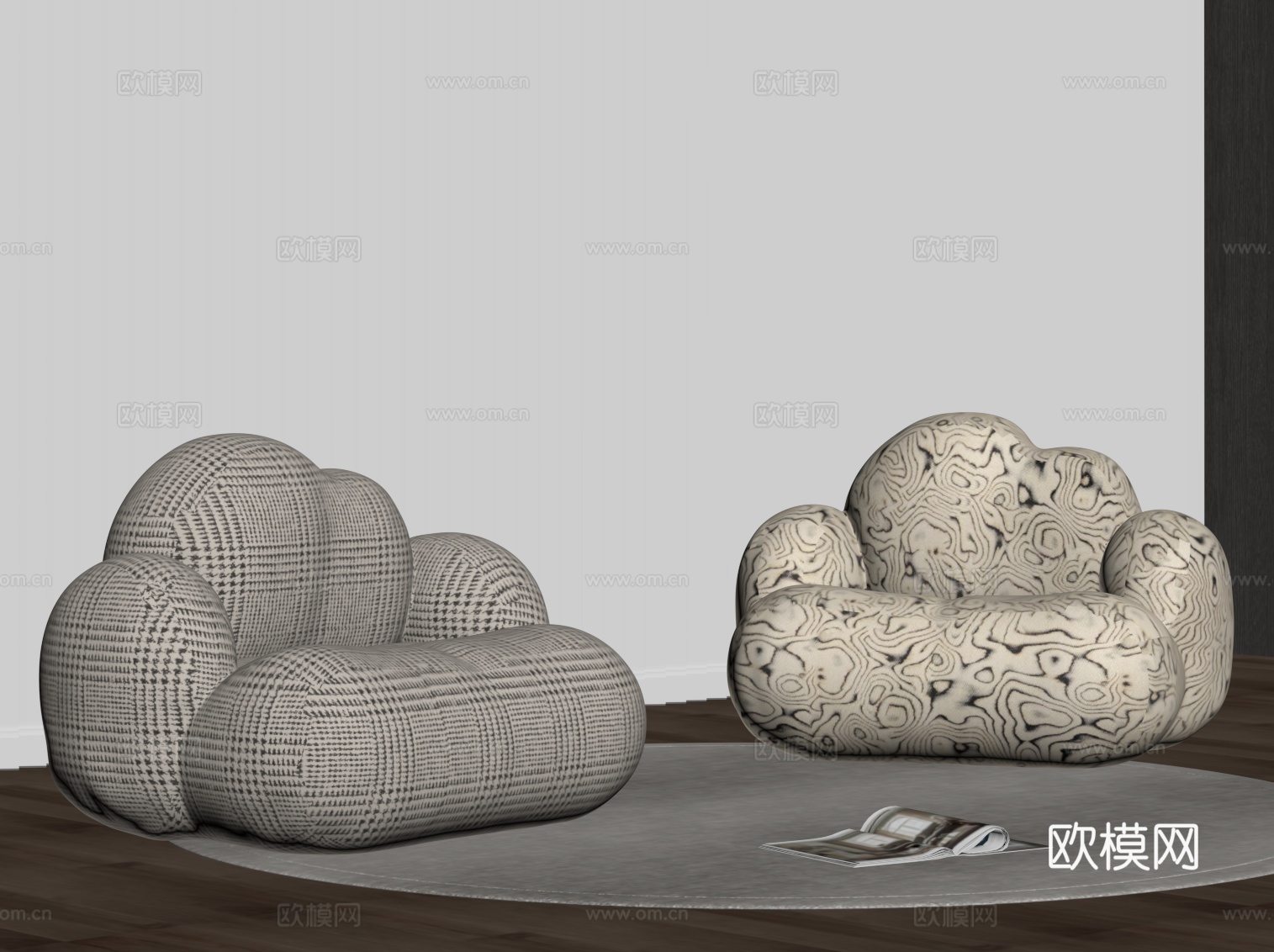 现代中古风懒人沙发 布艺休闲沙发su模型