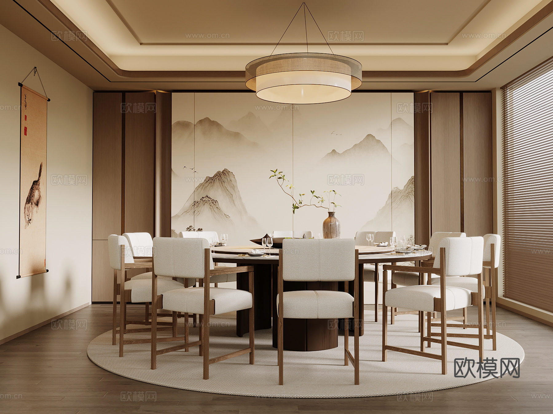 新中式包厢 包间 餐桌椅su模型