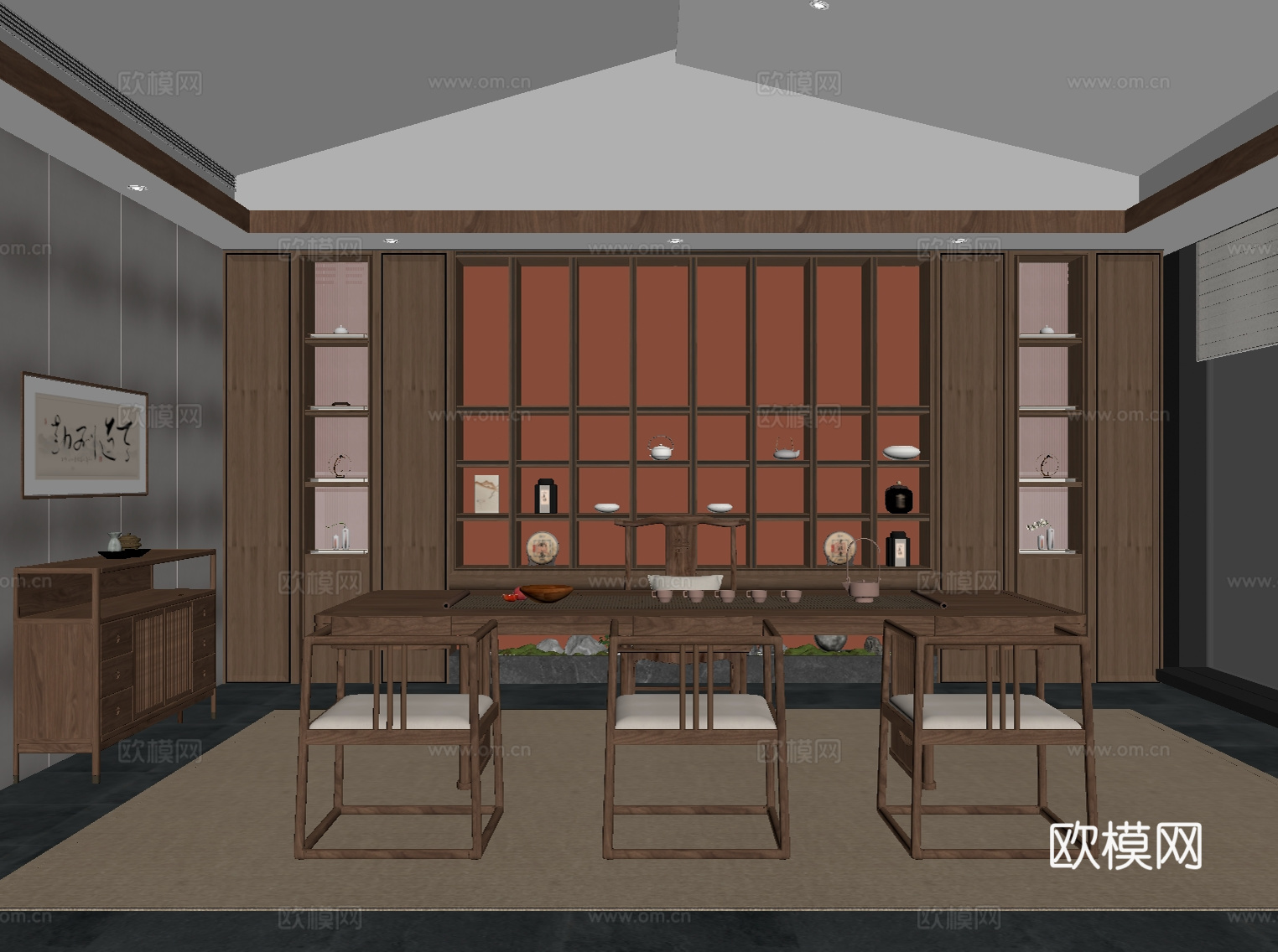 新中式茶室 茶叶柜 茶台su模型