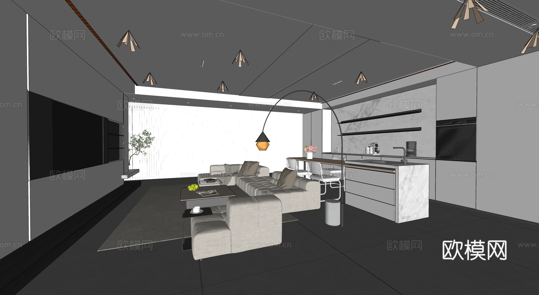 极简家居客厅 无主灯客厅su模型